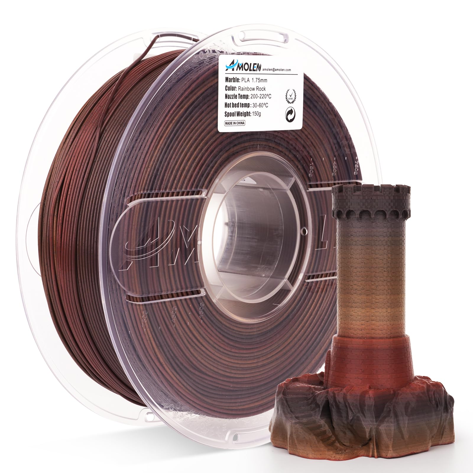 AMOLEN Rock Rainbow PLA Filament 1.75mm,Rainbow Marble PLA 3D Printing Filament, 1kg Spool (2.2lbs), Dimensional Accuracy +/- 0.02 mm, Fit Most FDM Printer (Rainbow Rock)