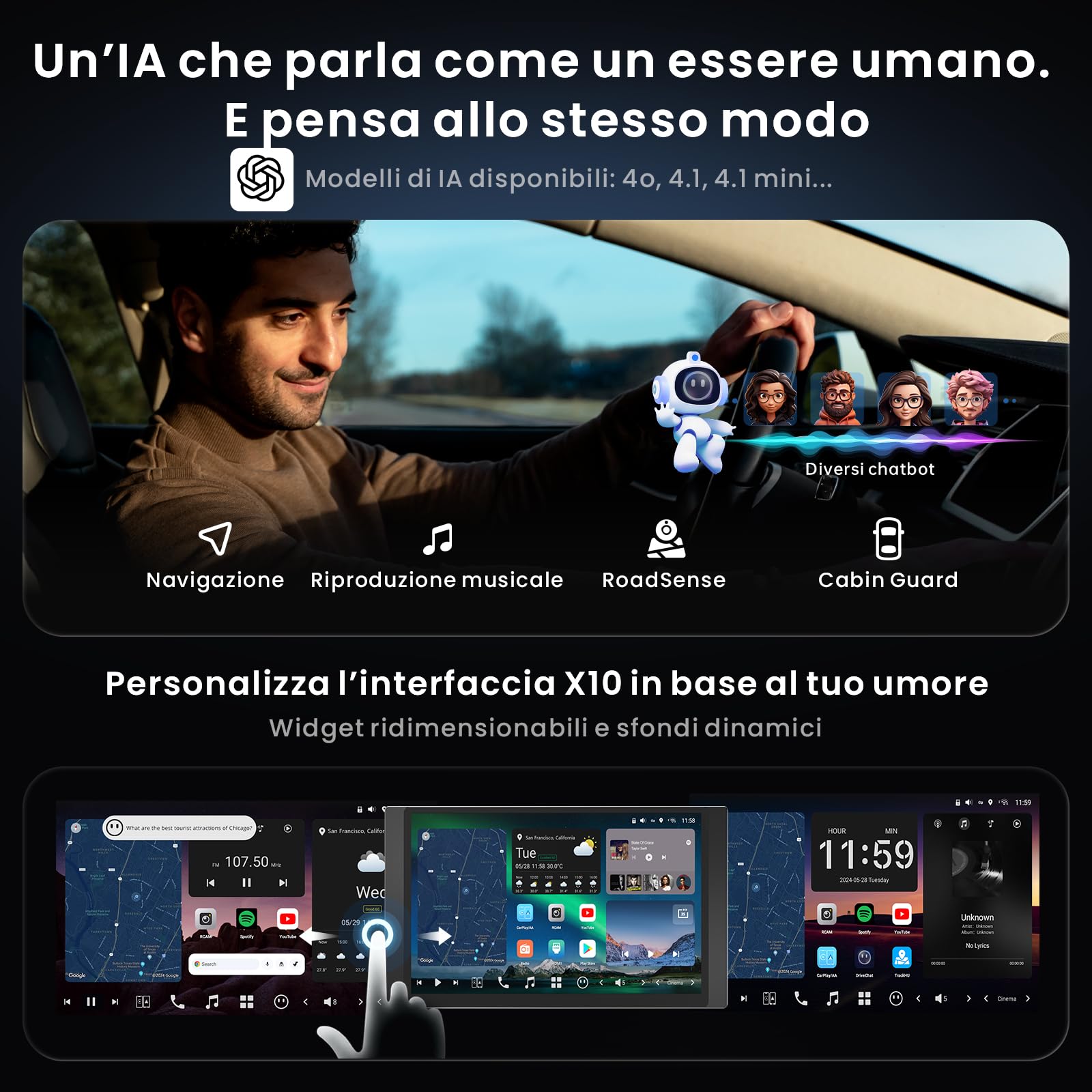 [12.5" QLED con LED laterali] ATOTOZONE X10 Autoradio Android, Display Flottante, Single/Double DIN, DVR Dual-Cam, AI Vision, LiveView da remoto, Audio 7.1.2, RCA 4V, HDMI IN, 8G+128G, 4G LTE