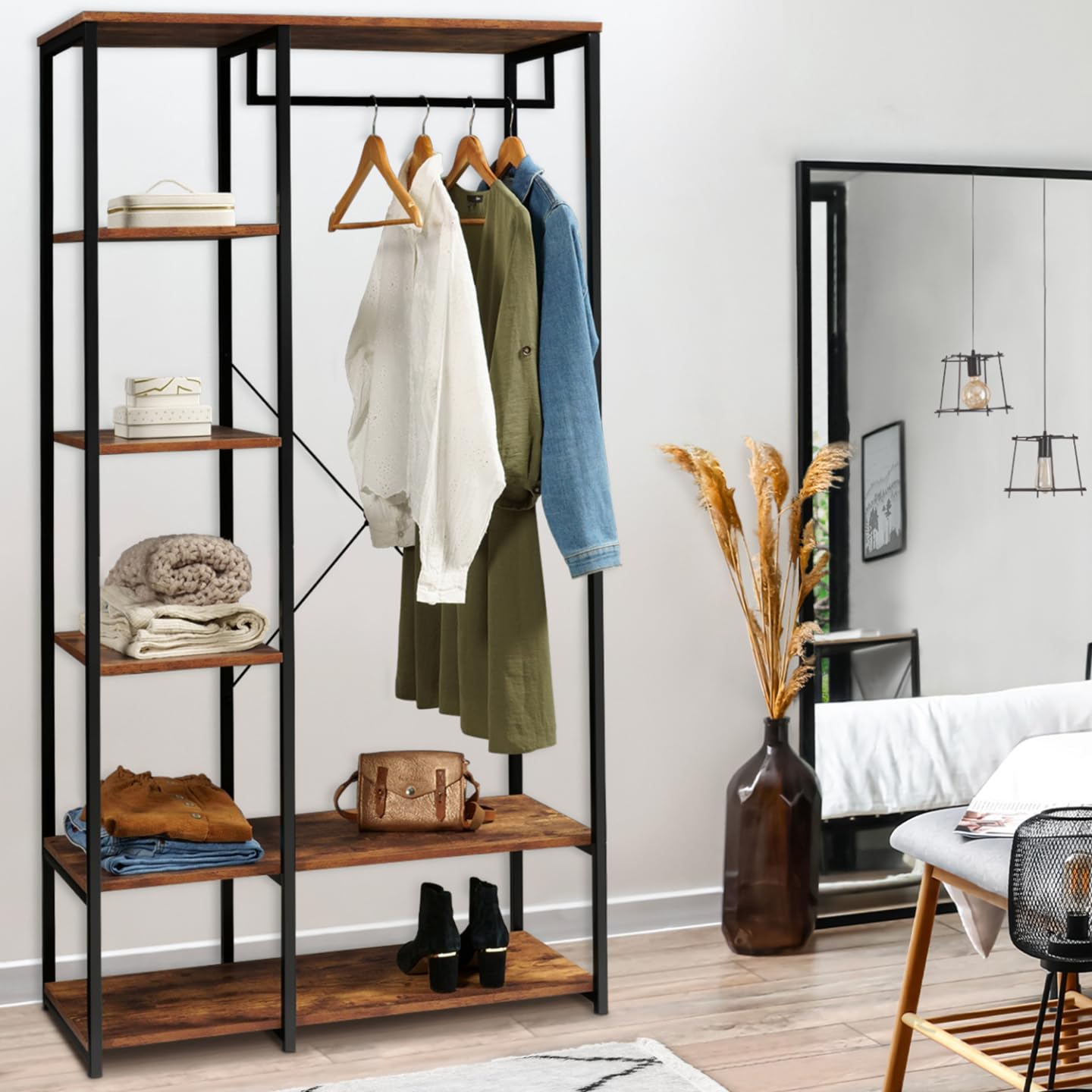 IDMarket - Vestidor armario estantes L. 90 cm HAWKINS madera oscura diseño industrial