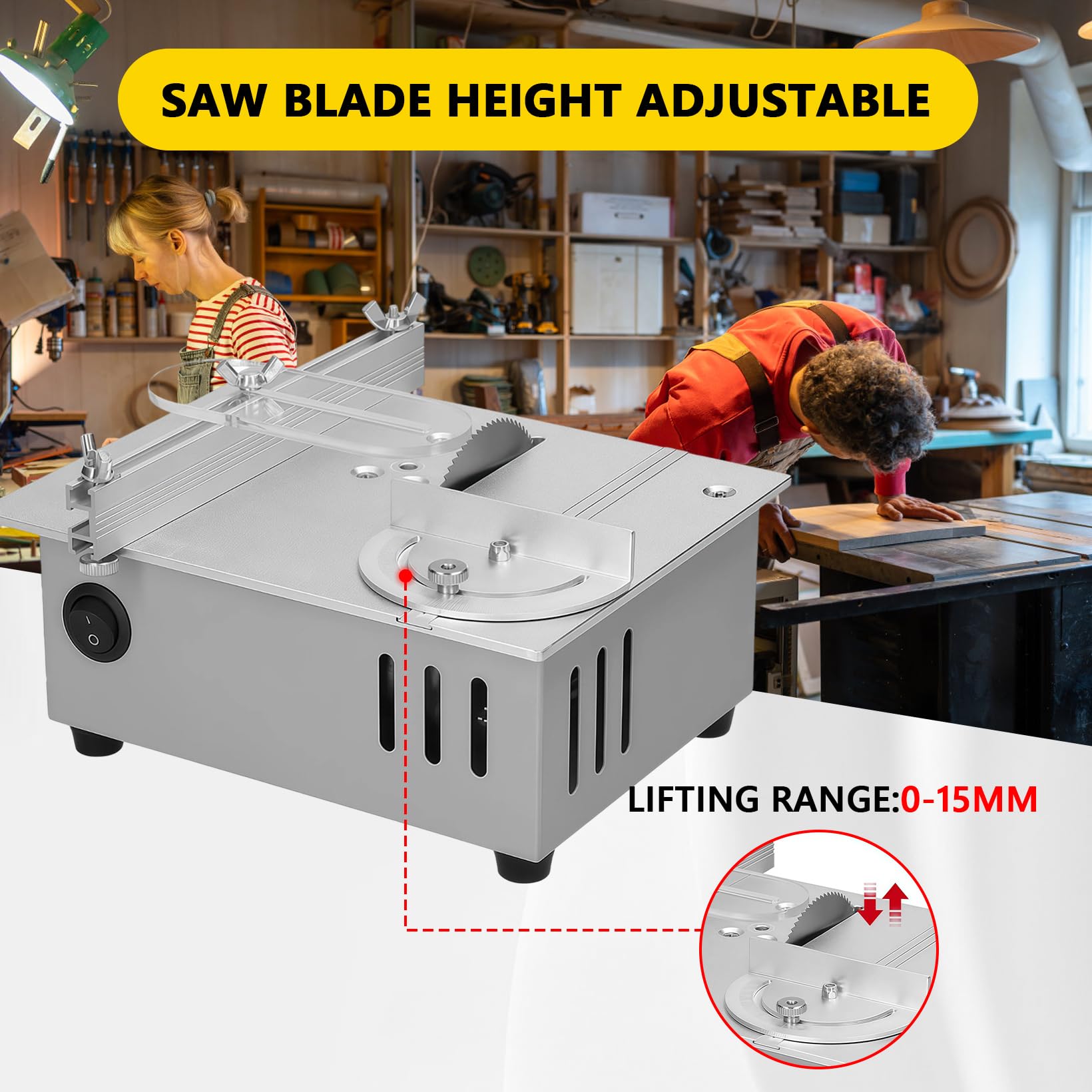 96W Mini Tischkreissäge 5000RPM 0-15 mm Einstellbare Sägeblatthöhe Elektrische Mini Tischsäge mit 4 Klingen und Polierscheibe Cutter Saw Ideal für Modellbau Bastelarbeiten kleine Schnittprojekte