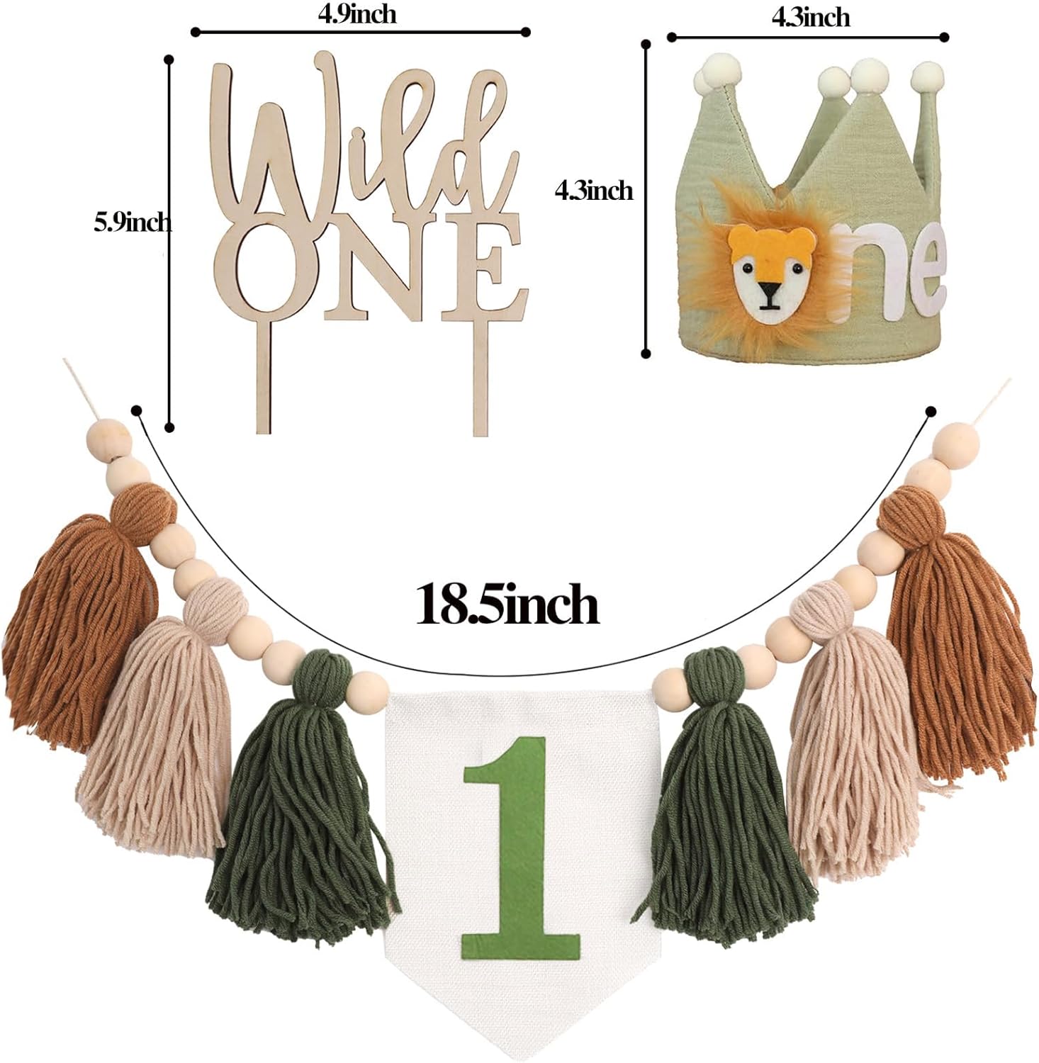 Wild One 1st Highchair Banner Wood Bead Tassel Garland Lion Crown Hat Wooden Cake Topper Birthday Party Decorations - Image 7