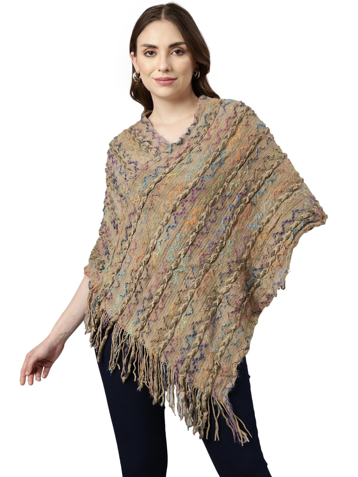 showoffff Women's Solid V-Neck Three-Quarter Sleeves Khaki Longline Poncho-CHN-9061-3_Khaki-picture-15