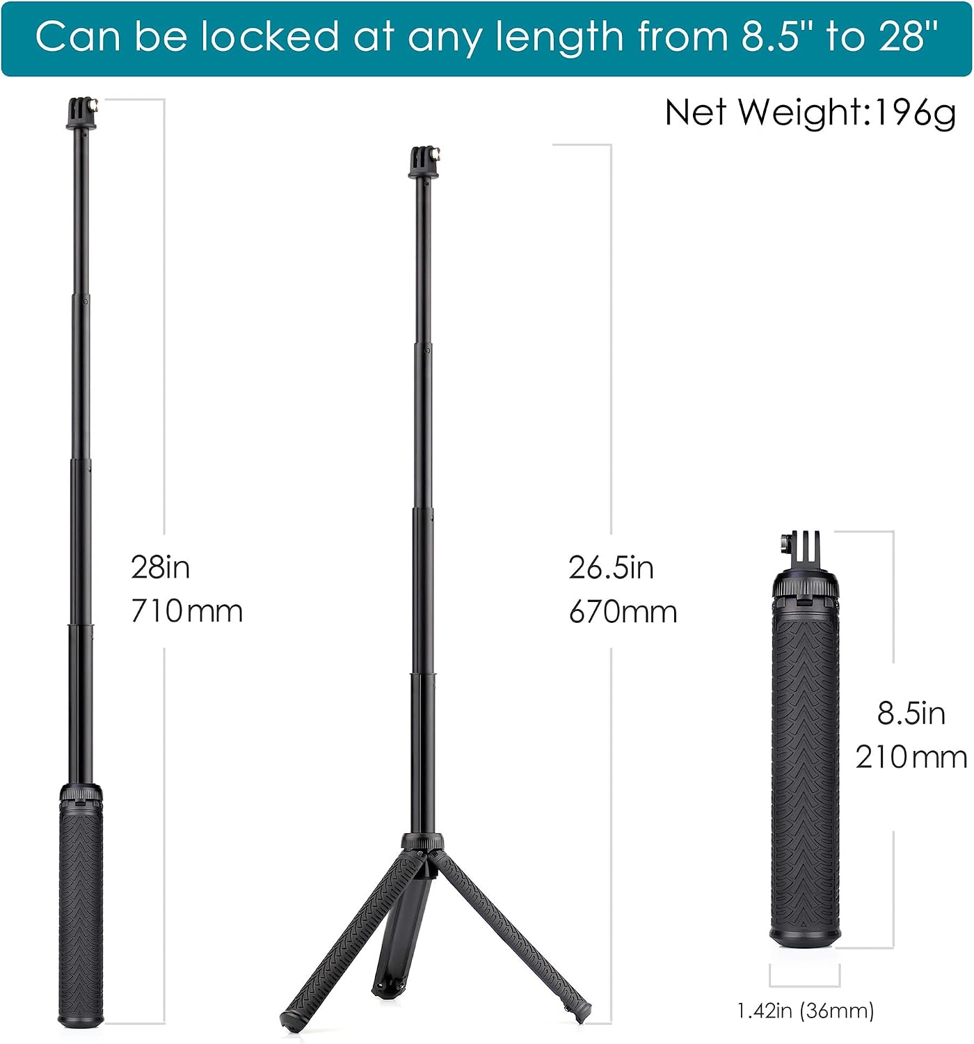 28inch Aluminum Extendable Selfie Stick Tripod for GoPro Hero 13 12 11 10 9 8 7 6 5 Max Fusion/DJI, 3 in 1 Tripod Stand for GoPro/Action Camera/iPhone, Vlog/Travel/Beach Vacation Essentials