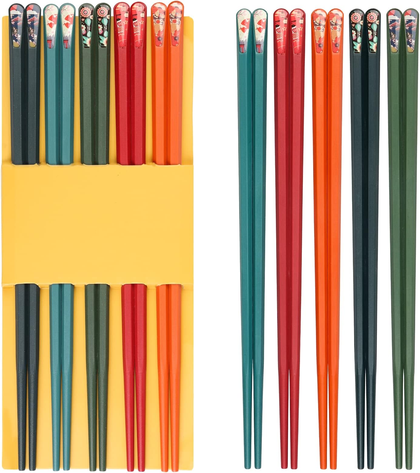CKJ 5 Pairs Fiberglass Chopsticks Reusable Colorful Chopsticks Set Japanese&Chinese Style Chop Sticks with Non-Slip Design Dishwasher Safe Washable (Pattern),CKJ-042