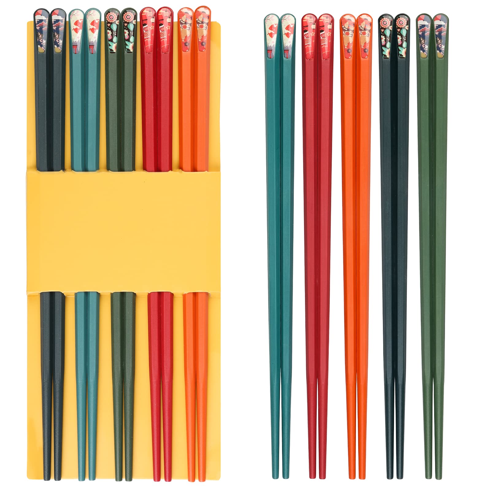 CKJ 5 Pairs Fiberglass Chopsticks Reusable Colorful Chopsticks Set Japanese&Chinese Style Chop Sticks with Non-Slip Design Dishwasher Safe Washable (Pattern),CKJ-042