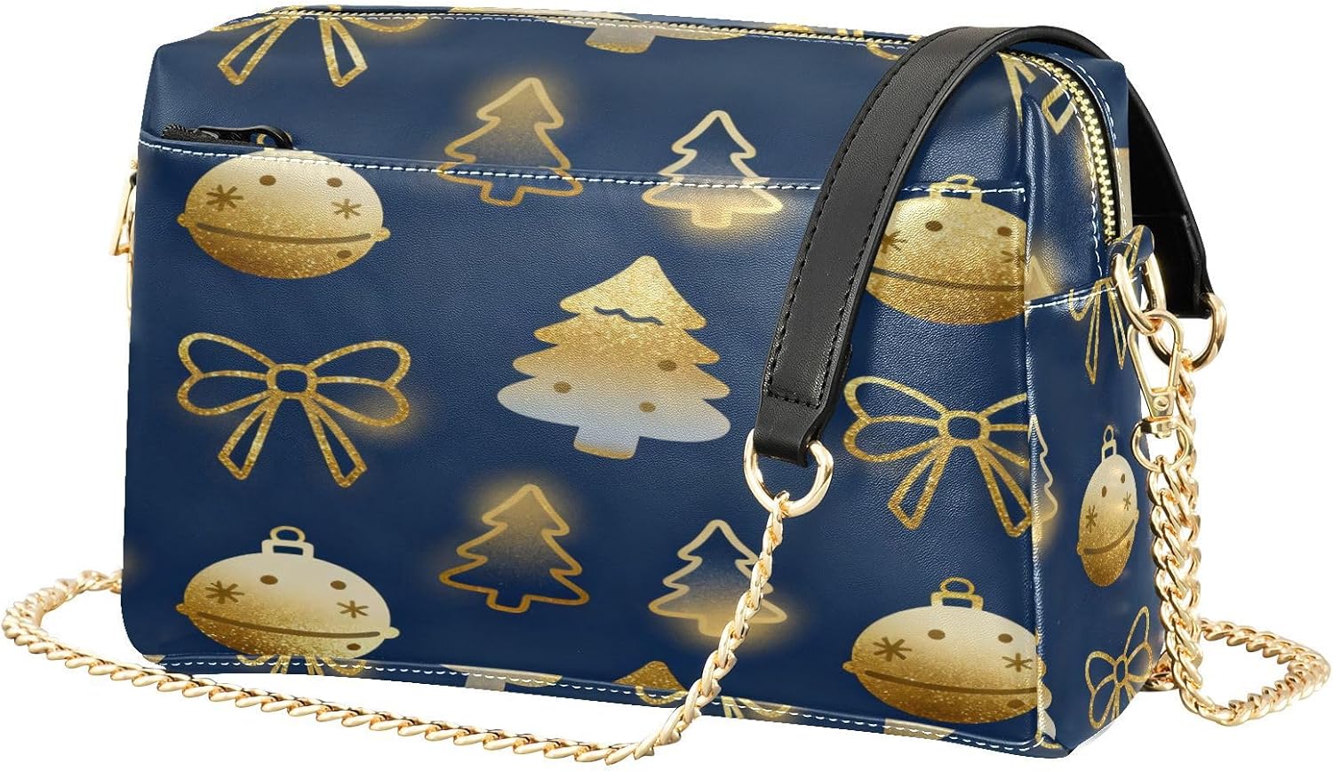 Small Crossbody Bag For Women Vegan Leather Merry Christmas Bow and Tree Gold and Dark Blue Womens Cross Body Purses Waterproof Shoulder Hand Bags