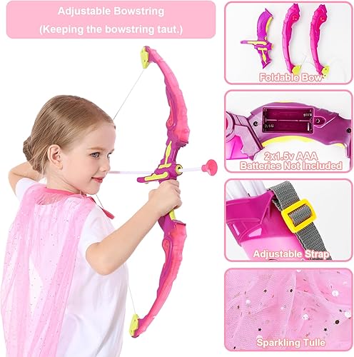 Miniatura 4 de VGOFUN Juego de arco y flecha para niños, juego de tiro con luz LED, juguetes de princesa con capa y corona, 10 flechas de ventosa, arco y flecha,