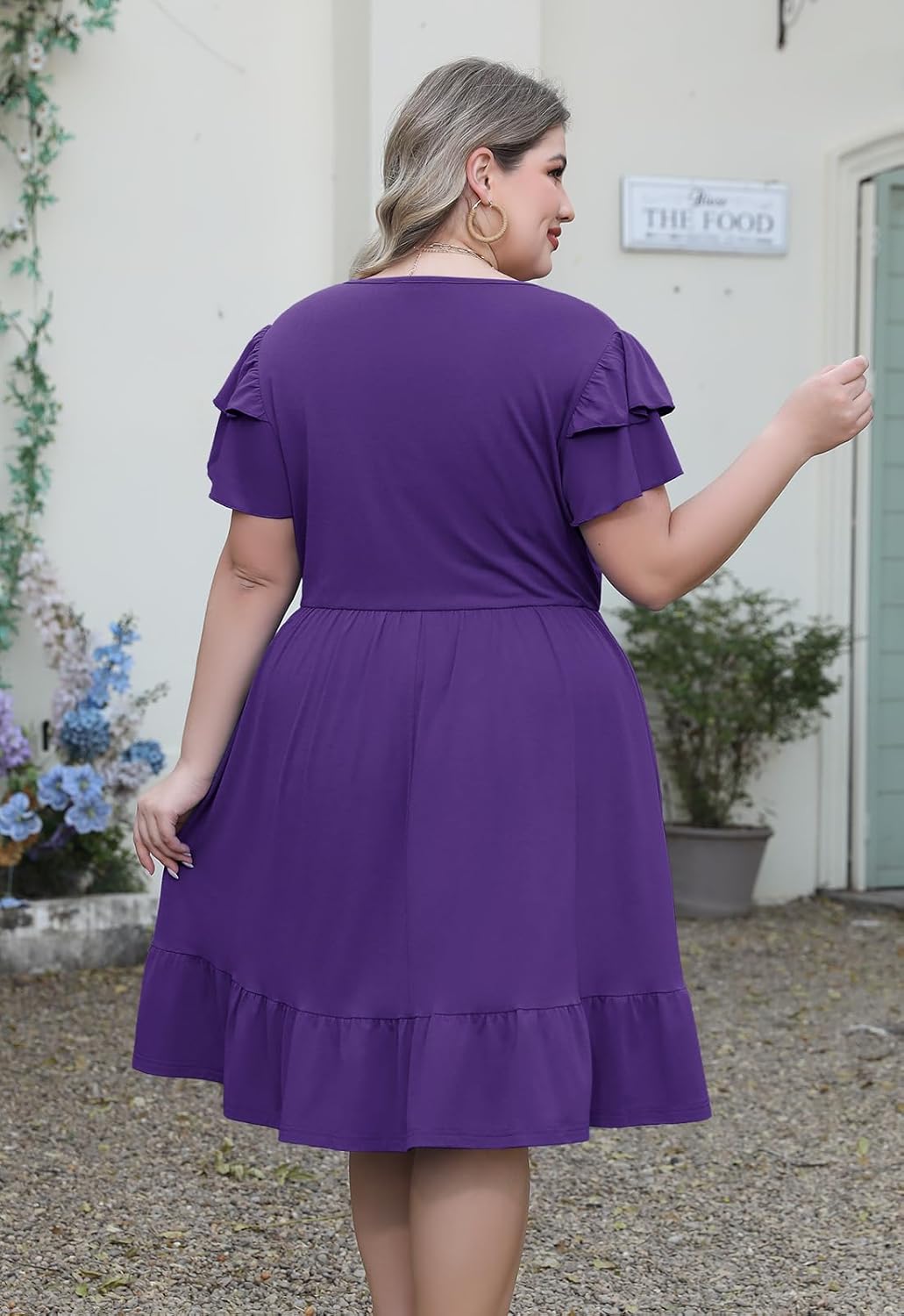 Celkuser Plus Size Casual Wrap V-Neck Ruffle Short Sleeve Midi Dress for Curvy Women with Pocket Spring and Autumn Dress - Image 2