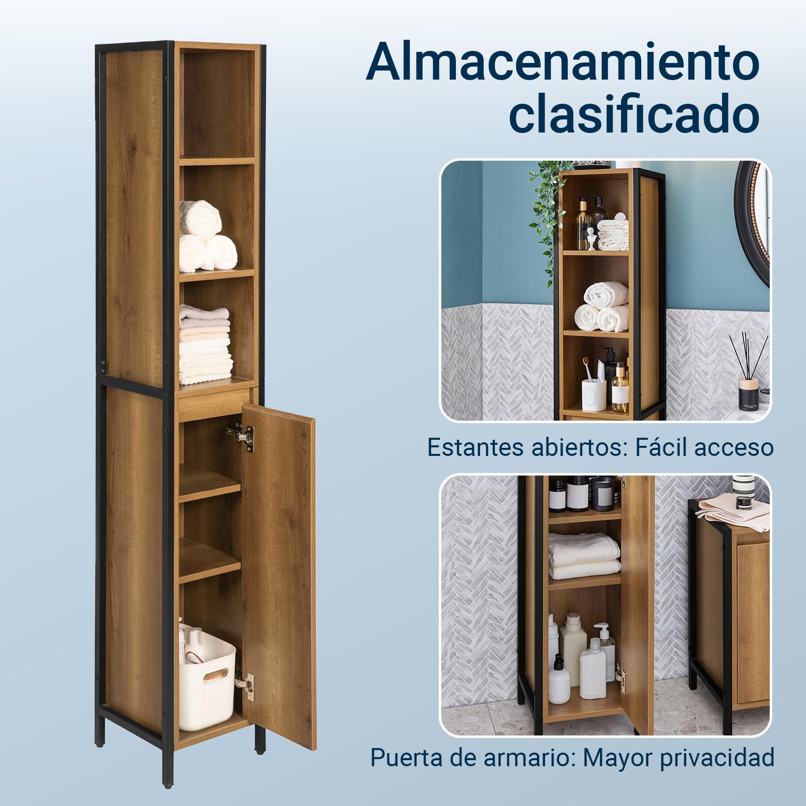 SoBuy Mueble Baño Alto Armario Baño Estrecho 30x168x28 cm Estilo Industrial | Columna de Baño Estrecha Vintage con 3 Estantes Abiertos y 1 Puerta, Armario Auxiliar de Baño, BZR62-PF