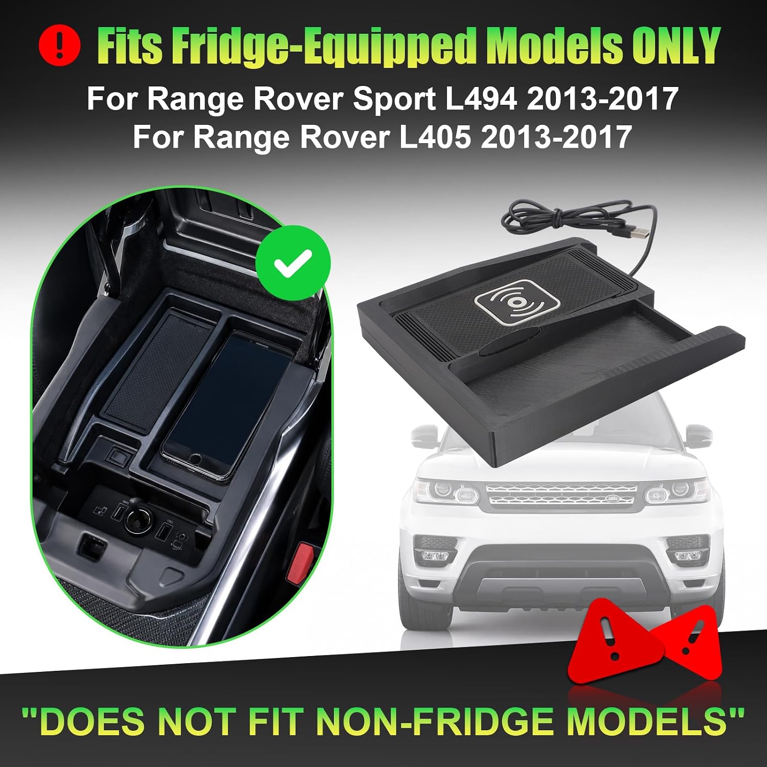 Wireless Car Charger Tray for Range Rover Sport L494 L405 (with Fridge) | Nonslip Dash Storage Tray, 15W USB A Wireless Charging Pad, Phone Charging Mat