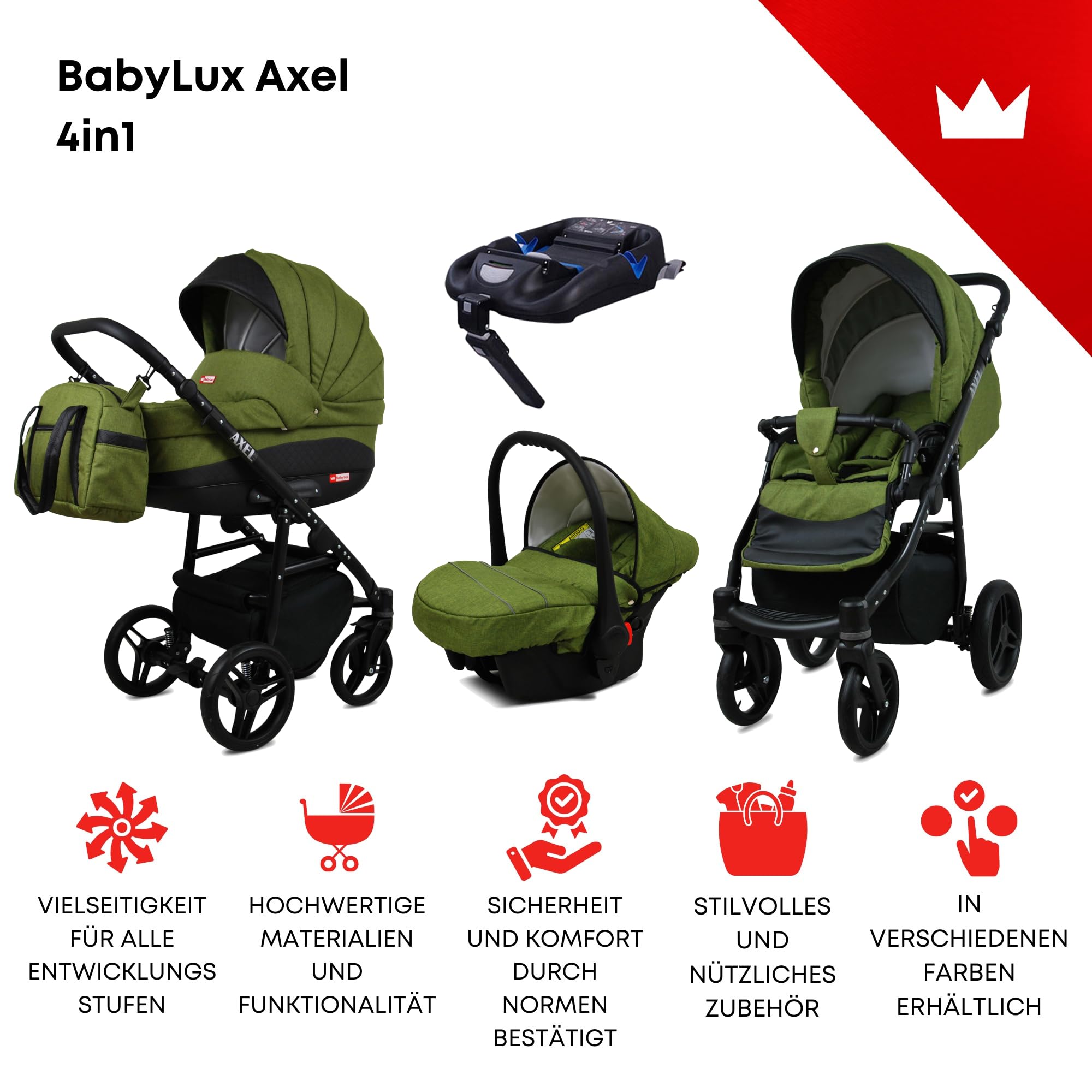 BabyLux® Wózek dziecięcy kompletny zestaw 4 w 1, Axel, w tym gondola dla niemowląt, wędka, fotelik samochodowy, podstawa ISOFIX, wózek dziecięcy, system kombinowany, z torbą do przewijania itp.