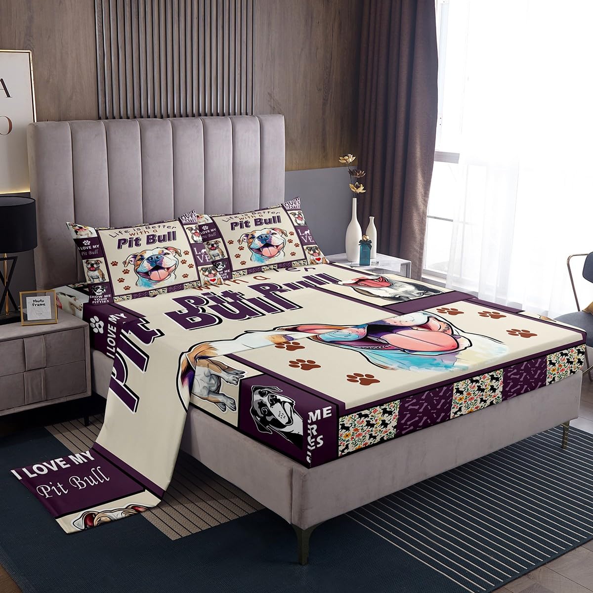 Parure de lit 4 pièces enfants avec motif pattes de chien violet et beige