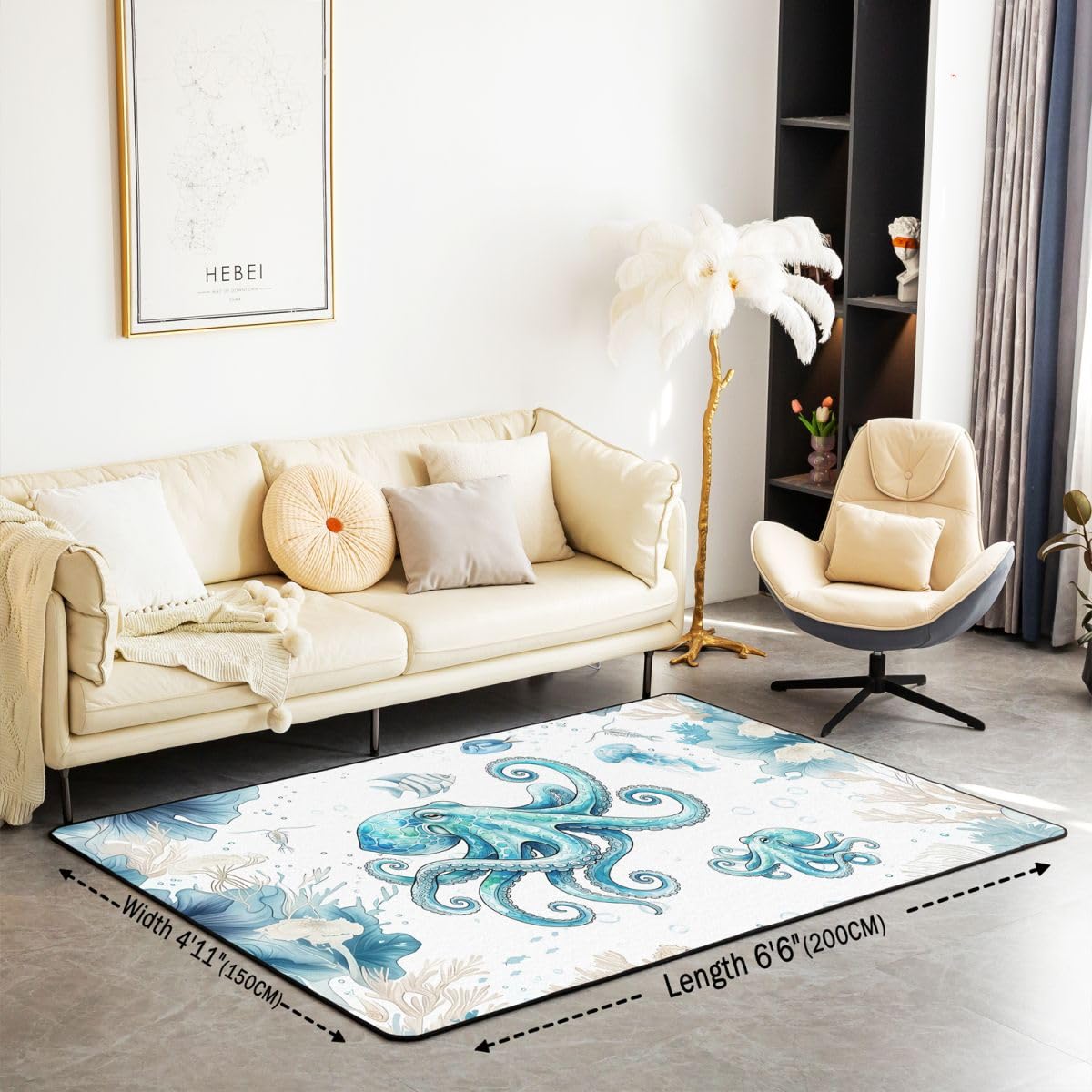 Homewish Oktopus Teppich 150x200 Blaugrün Blau Meer Küste Teppiche Wohnzimmer für Kinder Jugendliche Erwachsene Jungen Mädchen Oktopus Tentakel Rugs for Living Room Pflegeleicht Carpet Stilvoll