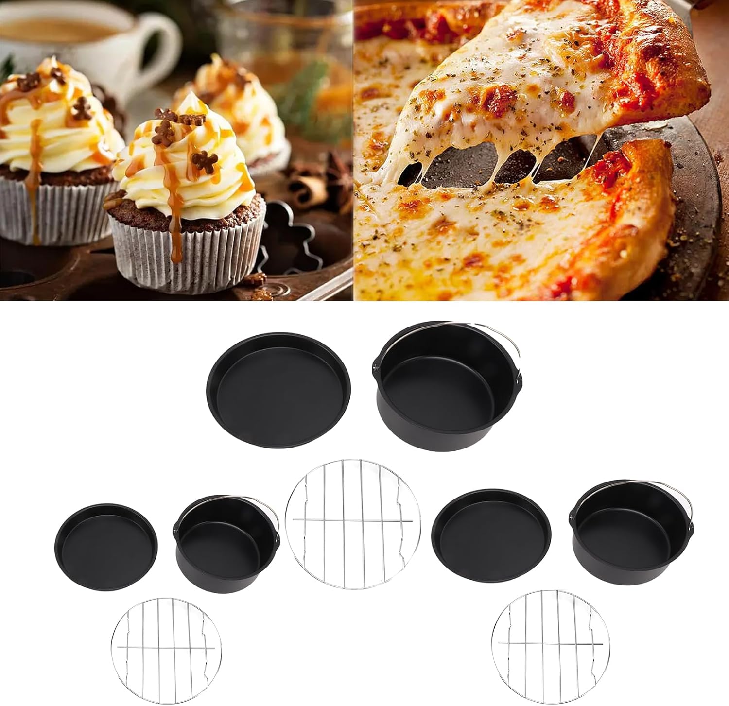 Air Fryer Cake Pan Accessories,Universal Air Fryer Accessories,Stainless Steel Baking Cake Barrel Pizza Pan Grill Nonstick Coating Dishwasher Safe Black(7 inches) - Image 9