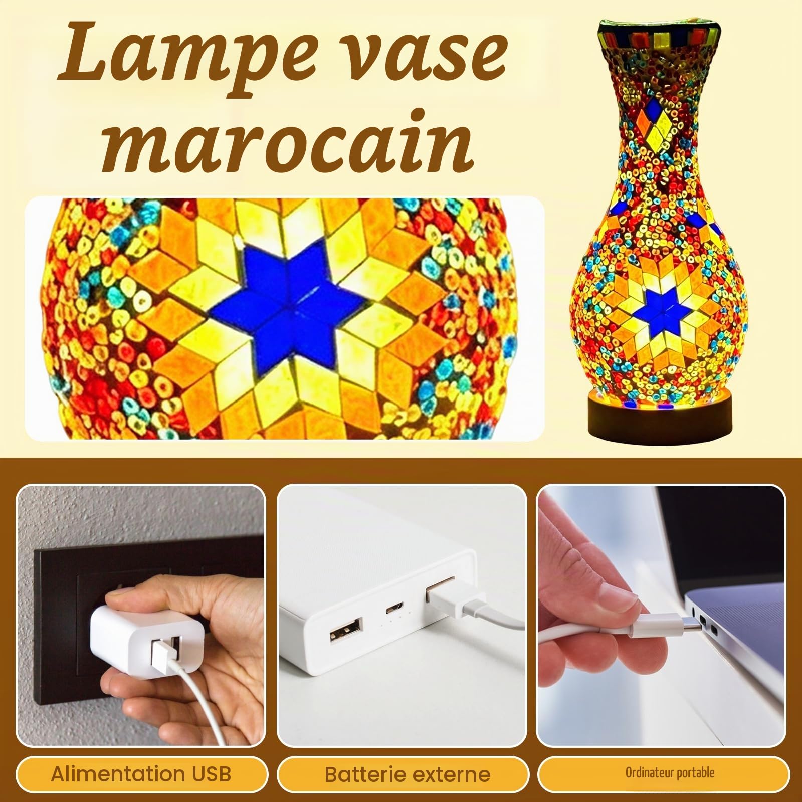 BRGD Rétro Lampe de Vase en Mosaïque, Turque Lampe de Table Marocaine avec USB Base en Bois Vase en Verre Coloré Fait à Main pour Chambre à Coucher, Salon, Ferme