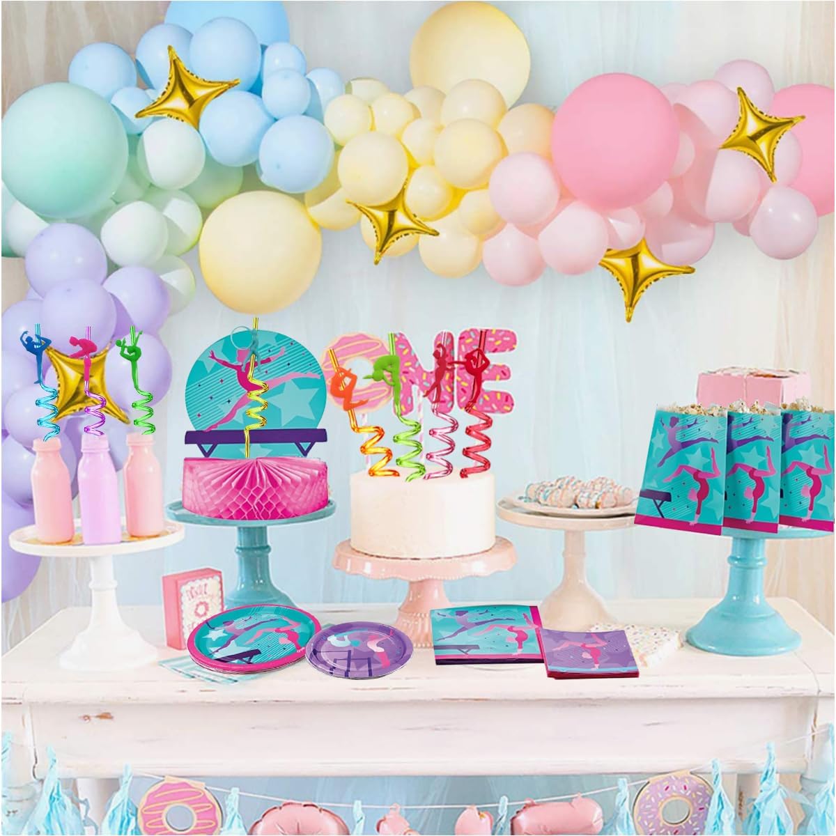 24pcs Gymnastics Party Favors, Reusable Disco Dance Party Straws Set