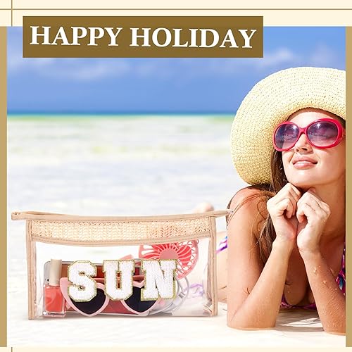 Miniatura 7 de Sanwuta Juego de 4 bolsas de maquillaje de parches de preparación  Diseño de letras de chenilla transparente  Nylon impermeable y TPU  Organizador