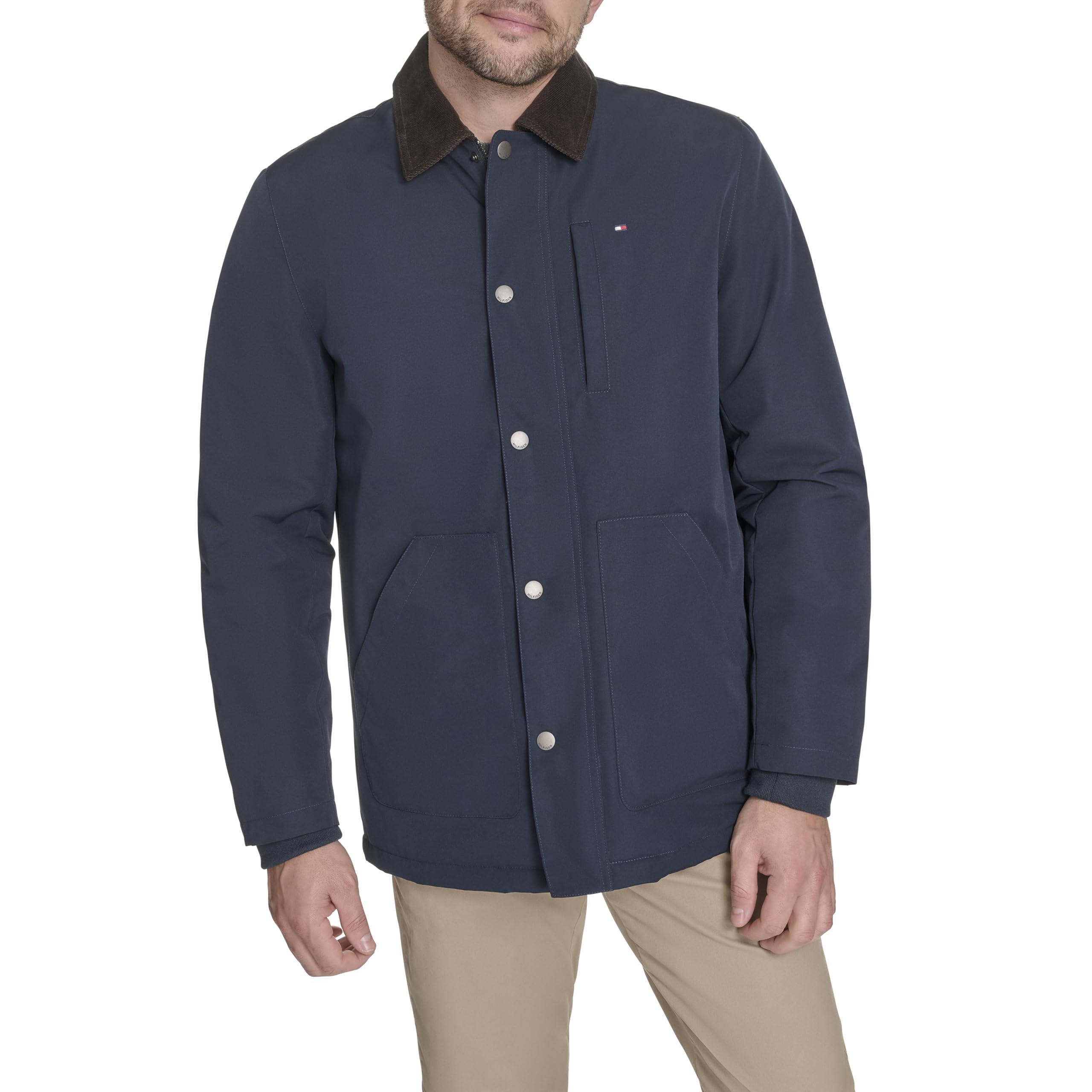 Tommy Hilfiger Men's Barn Jacket with Corduroy Collar, Navy, L