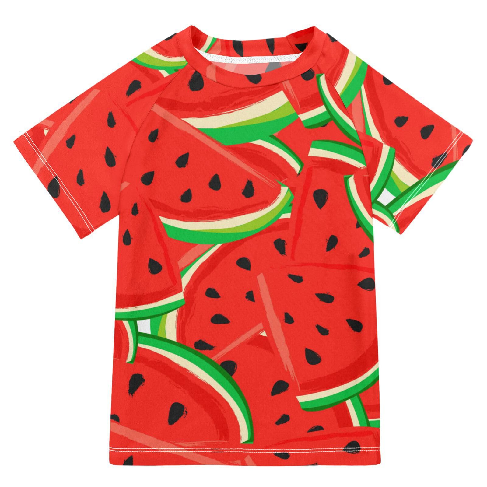 Aflyko Tropical Girls' Rash Guard Shirt Vivid Watermelon Kiddo Fishing Shirt Children Fashion Short Sleeve Swimming Top Soft Comfortable Fit UPF 50+ Everyday Wear, 5-6T