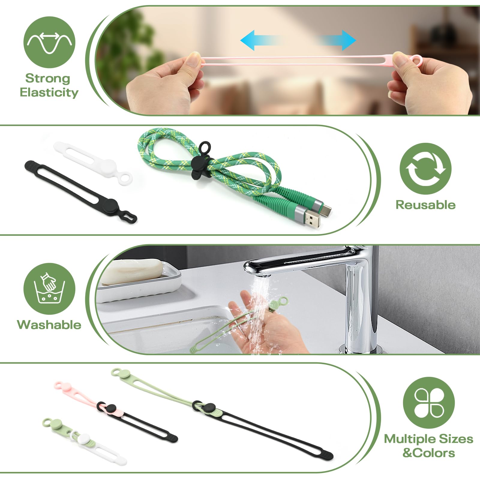 Silikon-Kabelbinder, wiederverwendbar, elastische Draht-Organizer, für Ladekabel, Elektrokabel, Computerkabel, USB-Datenkabel-Management, Kabel-Organizer (6 Farben, 3 Größen)