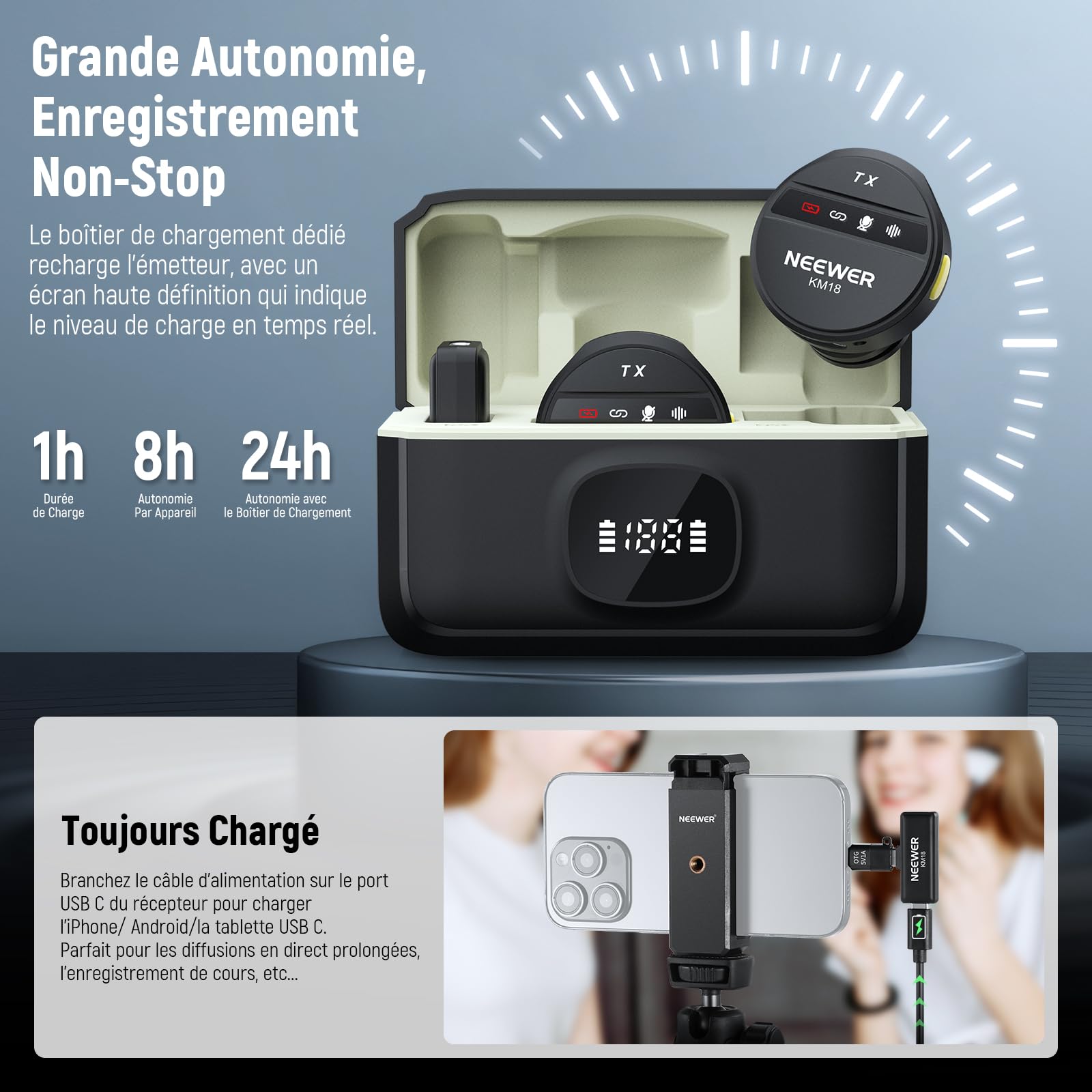 NEEWER Micro Lavalier sans Fil pour iPhone, Mini Micro Réduction Bruit avec USB C/OTG/Boîtier de Chargement Batterie 24H Vidéo Vlog Compatible avec iPhone 16 15 Téléphone Android PC Ordinateur, KM18