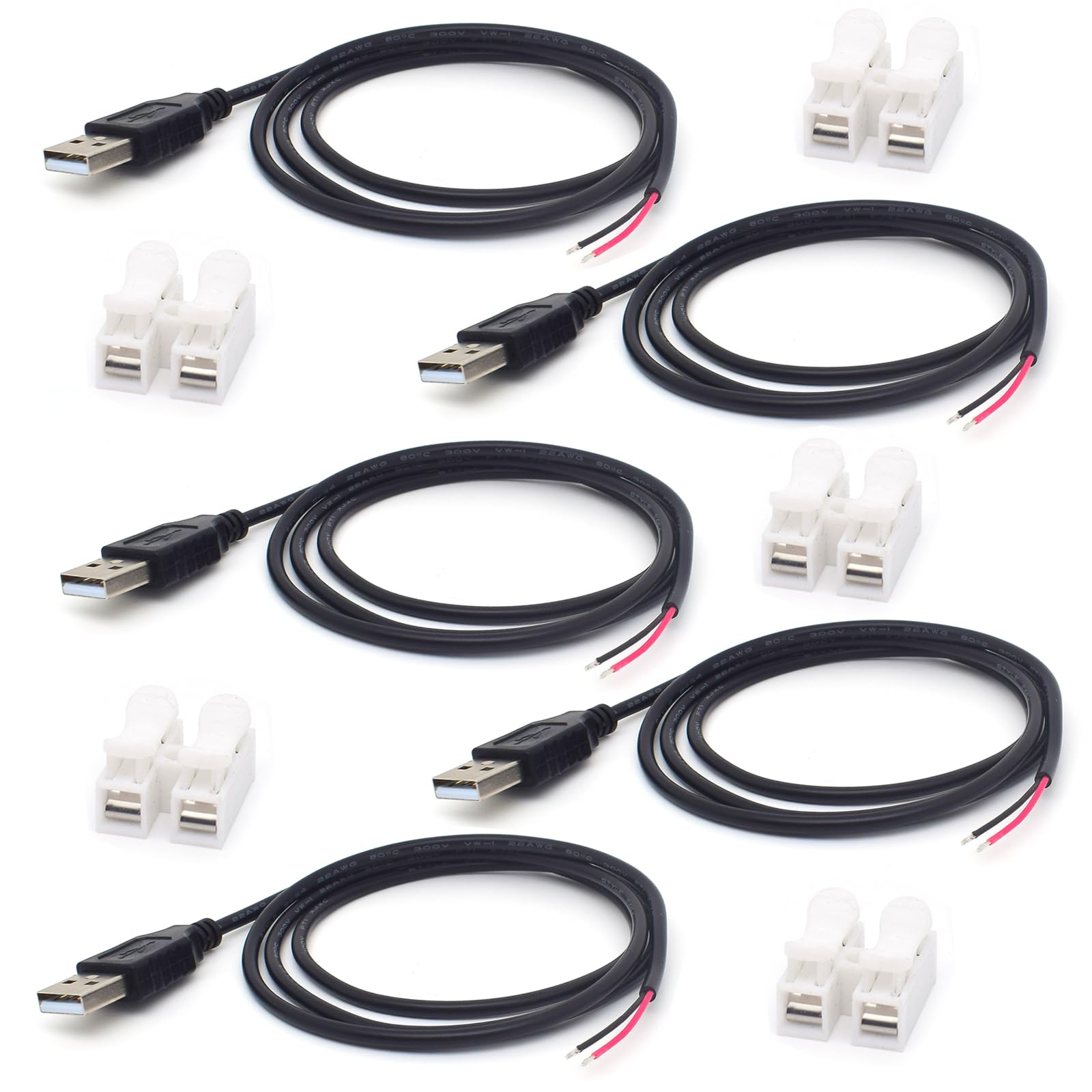 5 cavi USB a spirale a 2 fili, 22 AWG, 1 m, USB 2.0 maschio, 2 pin, filo nudo 5 V 3 A, 2 nuclei, cavo di prolunga con estremità aperta, con connettore a molla a 2 posizioni (USB maschio)