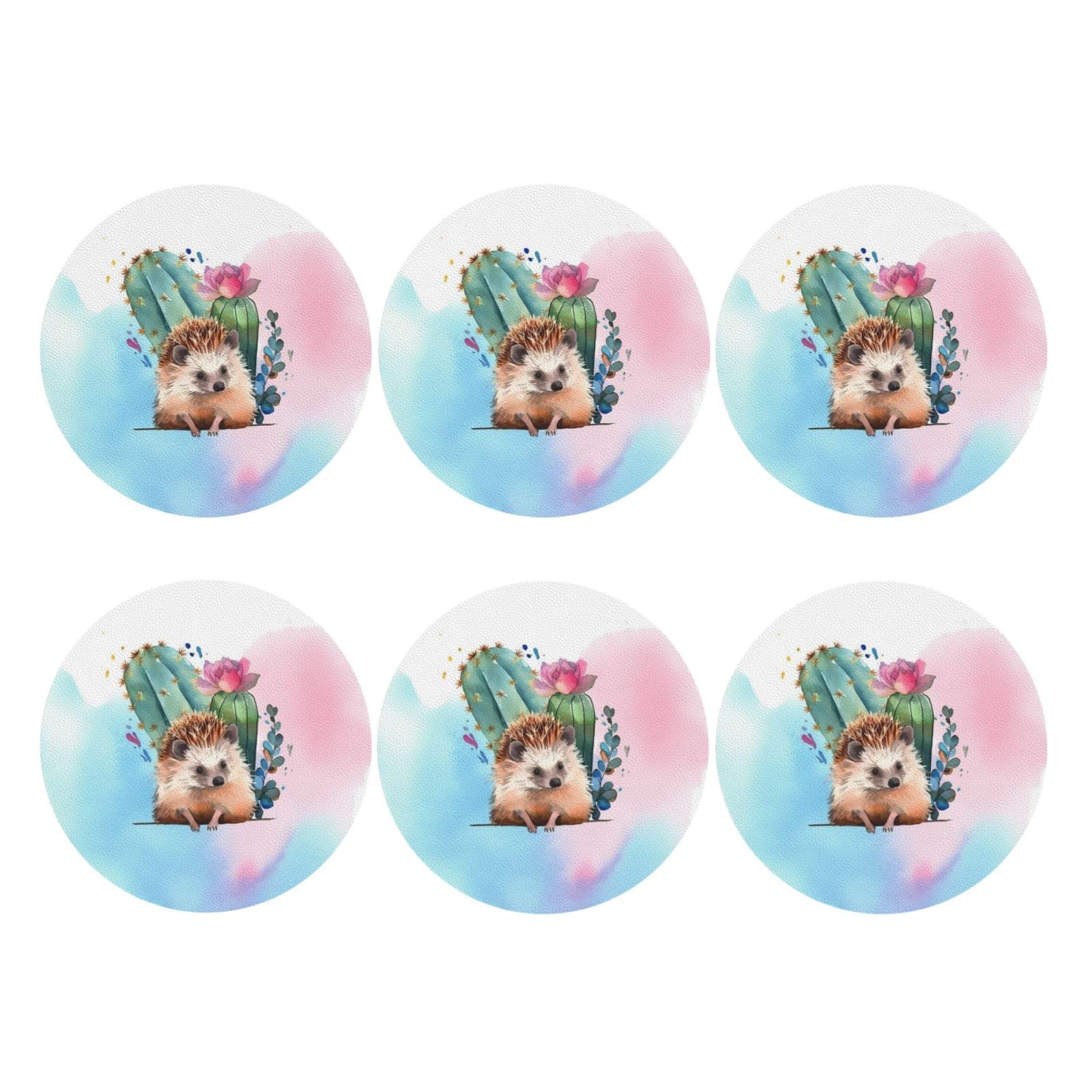 6pcs Leather Coasters for Drinks, Watercolor Hedgehog Drink Coasters for Tabletop Protection, 4" Cup Coasters for Coffee Table Decor, Non-Slip Drinking Cup Mat for Hot Or Cold Drink