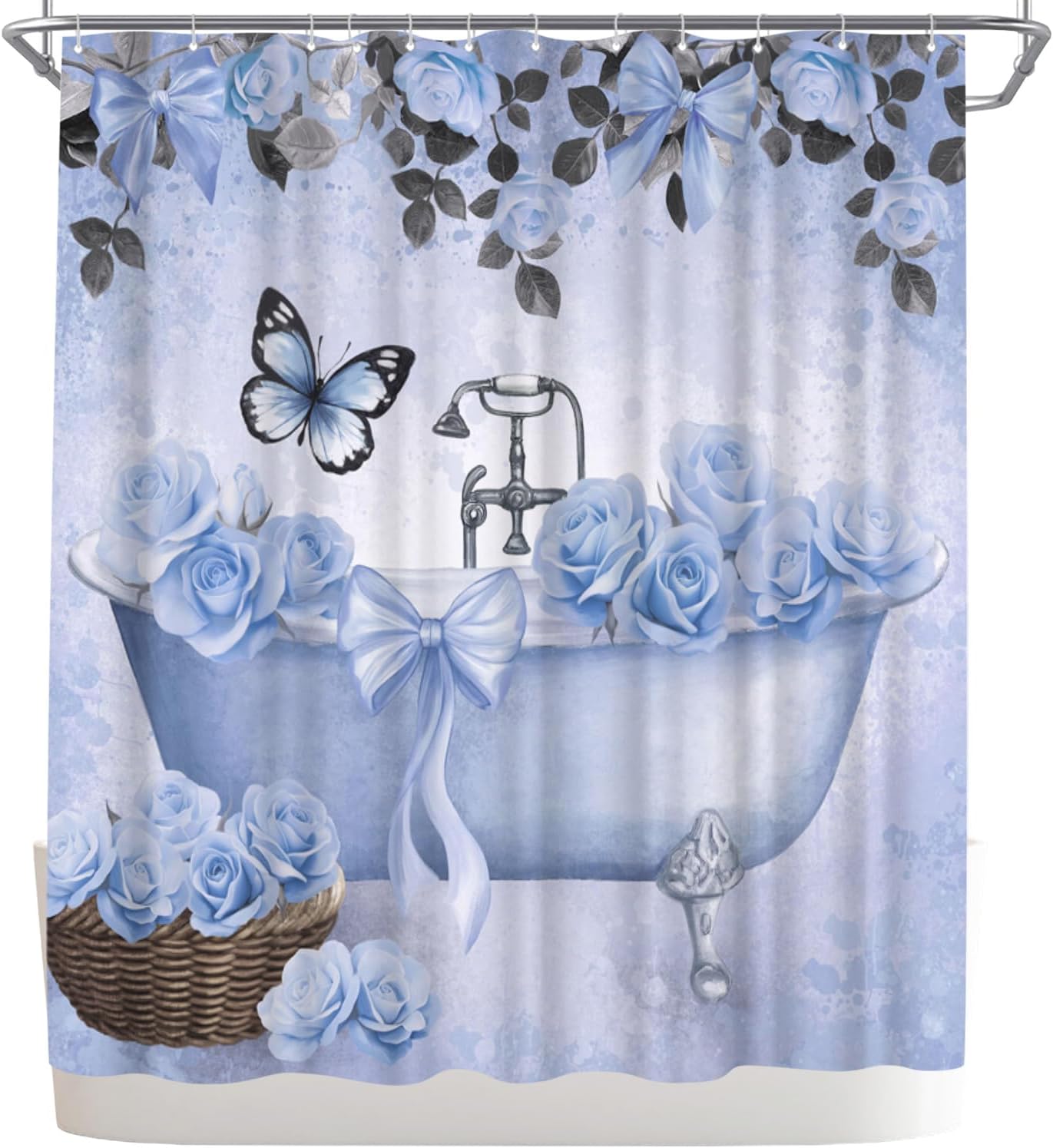 WELMECO Bow Shower Curtain Rose Flower Butterfly Bathtub Painting Printed Cute Bows Polyester Fabric Bathroom Decor Curtain, 72x72inch with Hooks (Blue)