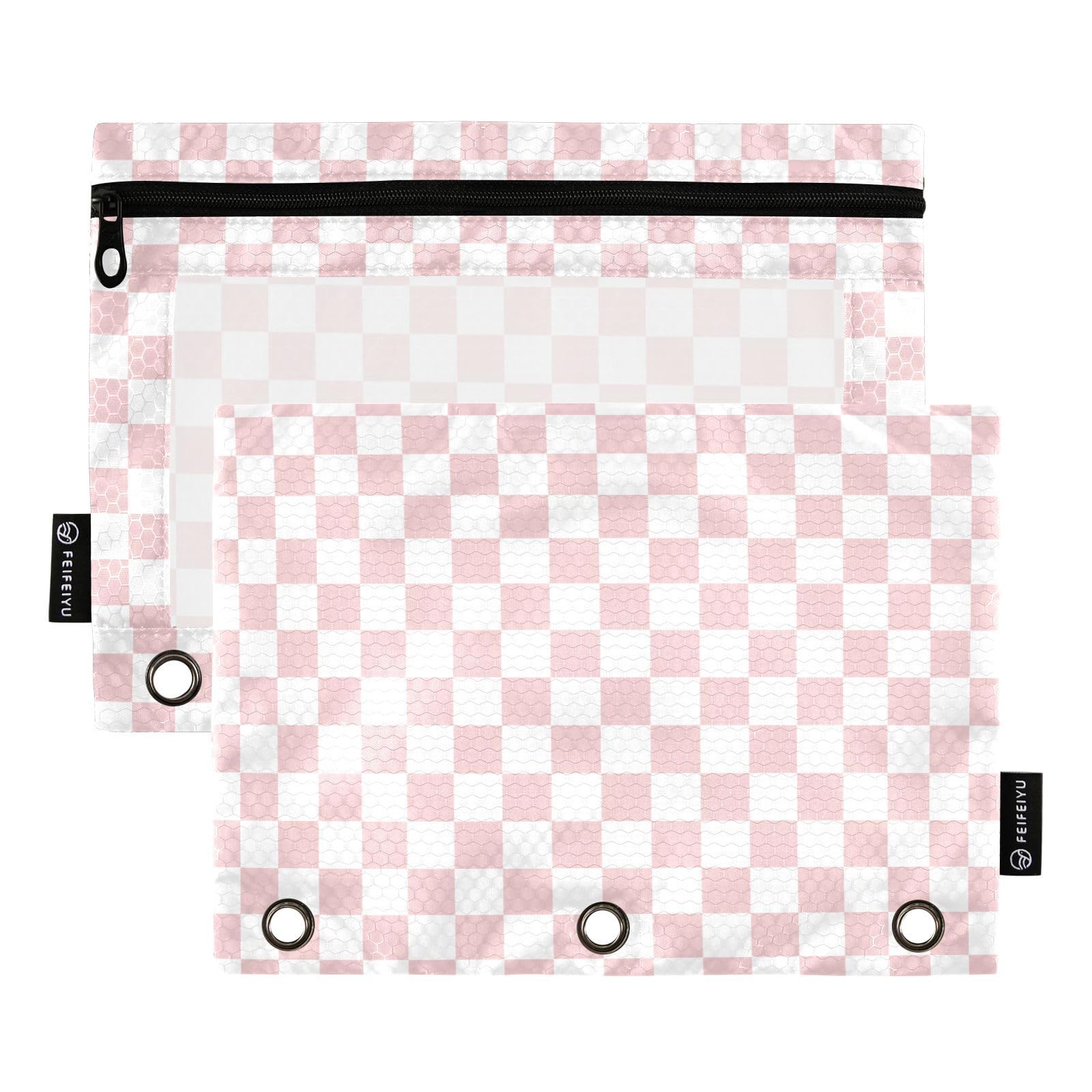 Pencil Pouch 3 Ring Binder Light Pink White Checkerboard Binder Pencil Case with Zipper Clear Window Cosmetic Bag for Office Daily College Supplies 2