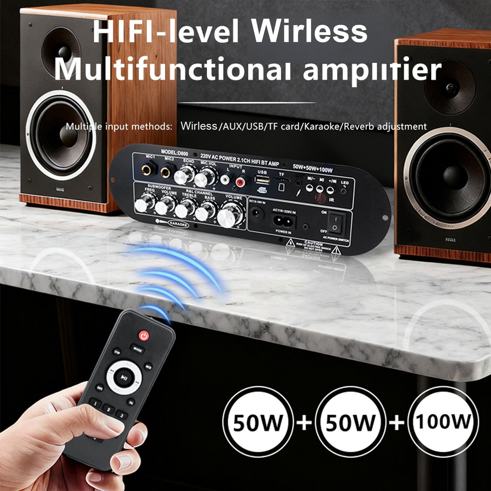 Scheda Amplificatore 2.1 Scheda Amplificatore Bluetooth in Lega di Alluminio 50W X2 100W Subwoofer Controllo Bassi Alti AUX USB FM per Altoparlante Desktop di Casa Uso Audio Fai da Te