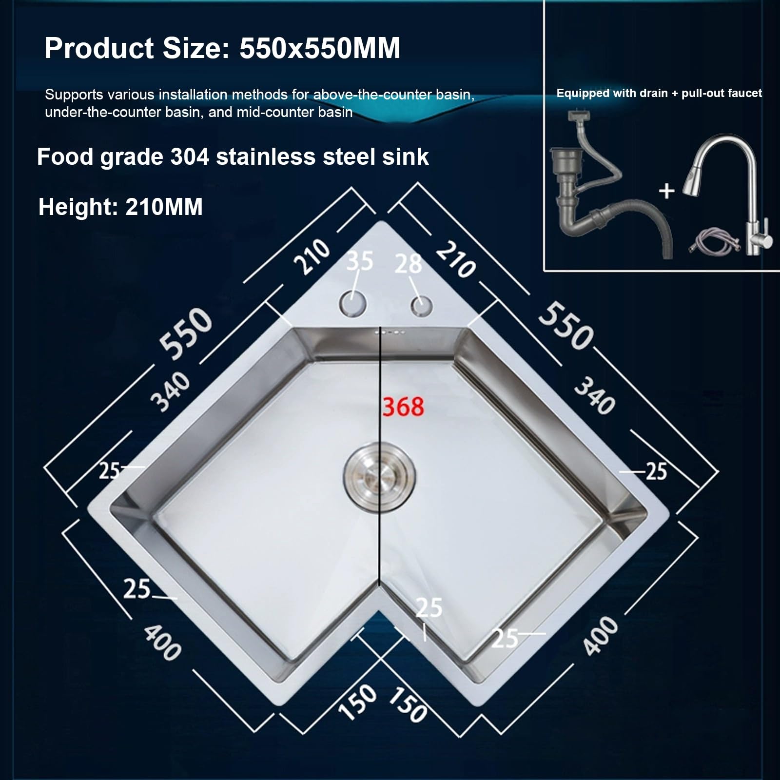 Fregadero de cocina en forma de L, multifuncional de acero inoxidable 304 de una sola cuenca con grifo giratorio de 360° para lavar platos y limpiar verduras
