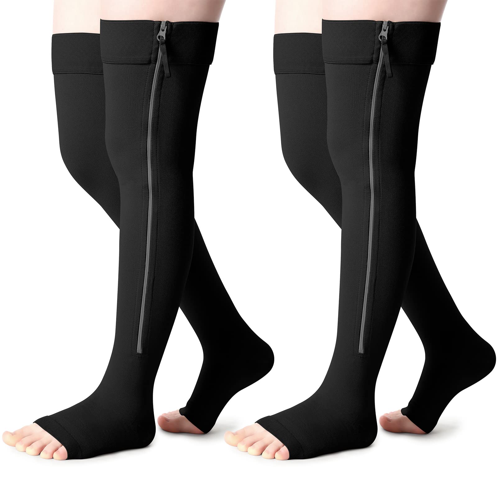 Photo 1 of 2 Pairs Open Toe thigh high Zipper Compression Socks 15-20 mmHg open toe Zipper Compression Stockings Thigh high Moderate Compression Socks with Zipper for Women Men Edema Swelling