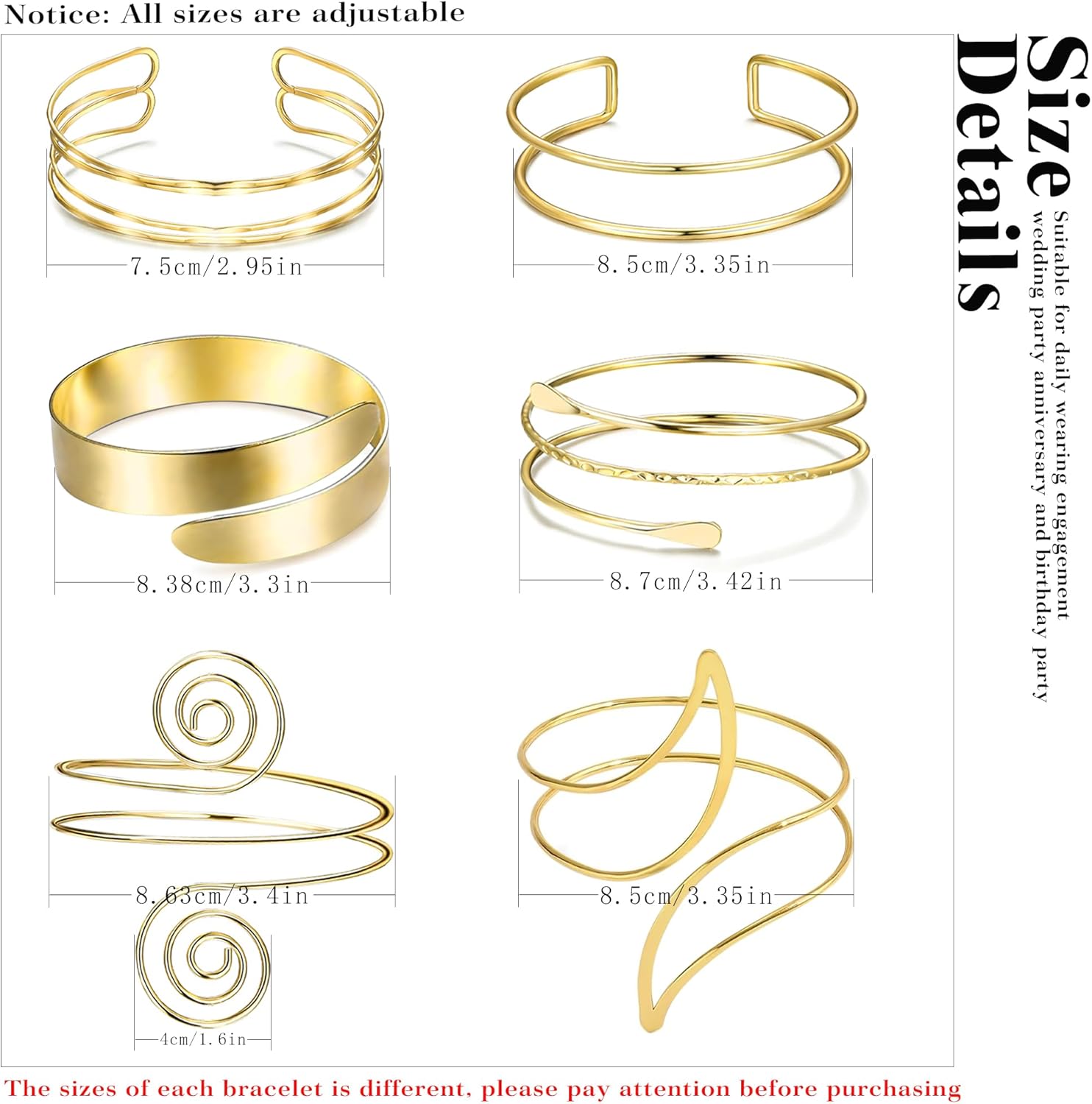 6 Pcs Golden Arm Cuff Upper Band Bangle Bracelet for Women Adjustable Armlet Set Arm Cuff Bracelet - Image 7