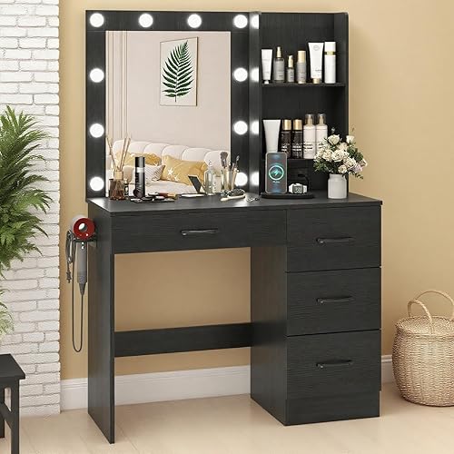 COSTWAY Vanity Desk with Mirror and Lights, Modern Makeup Vanity Desk w/ 4 Storage Drawers, 2 Shelves & Charging Station for Bedroom, Dressing Table for Adult Teen Girls (Black)