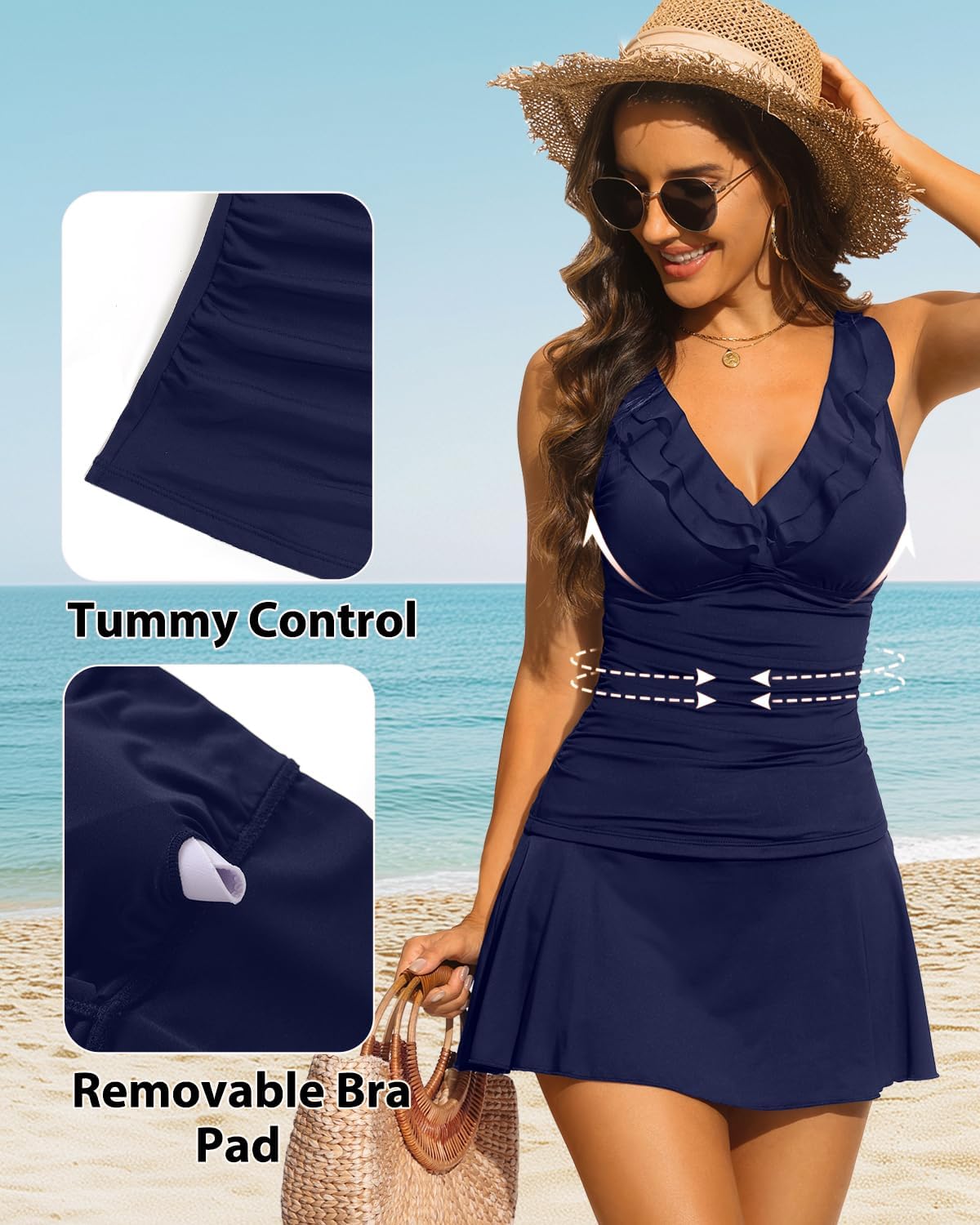 Aqua Eve Women Tankini with Skirt - Tummy Control Swimsuit Two Piece Bathing Suit Ruffle Swimwear Ladies Swim Suit
