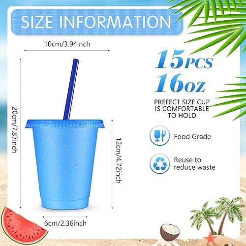 Miniatura 3 de Rtteri 15 vasos reutilizables con popotes y tapas, vasos de plástico con purpurina de 16 onzas, vasos de plástico para recuerdos de fiesta