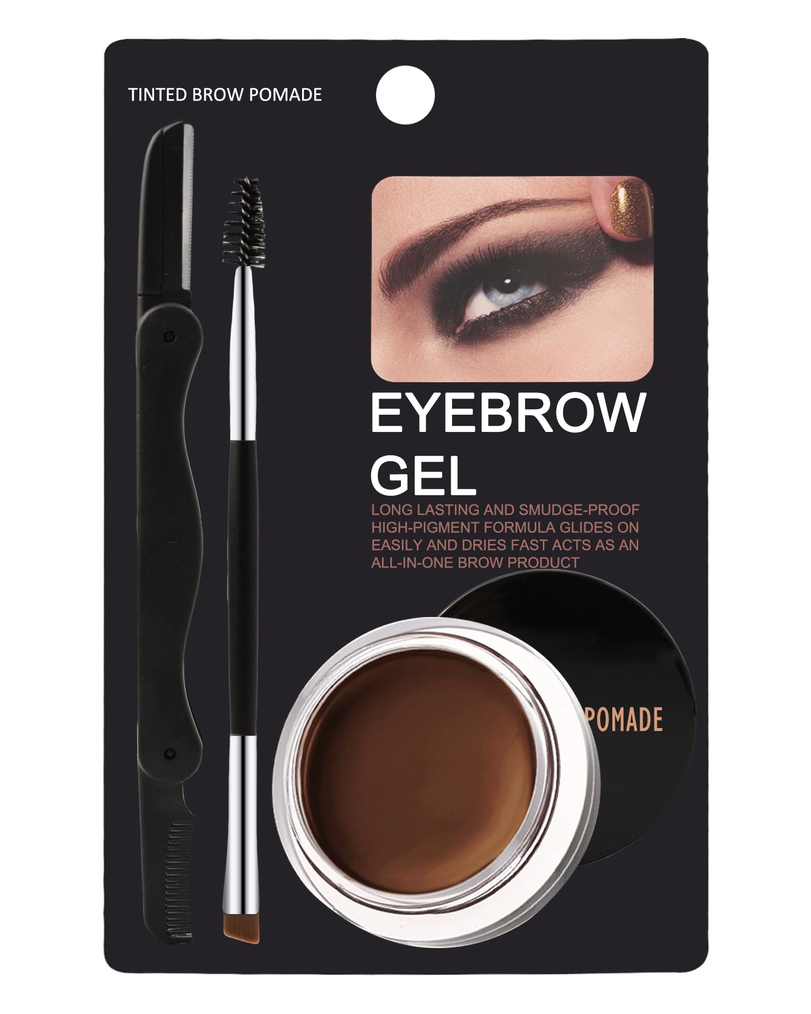 Eyebrow Pomade Kit,Long Lasting Waterproof Dark Brown Tinted Eye Brow Pomade Set with Brush Razor,Smudge-proof Eyebrow Cream Tinting Brow Tint Gel,