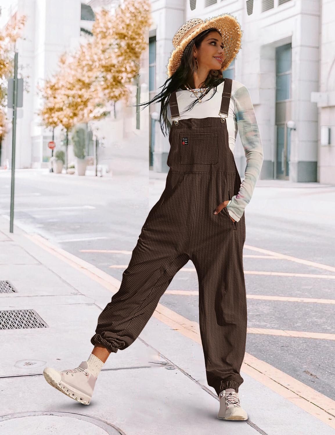 YESNO Women's Casual Corduroy Overalls Sleeveless Adjustable Straps Loose Harem Bib Jumpsuits for Women with Pockets PCL - Image 5