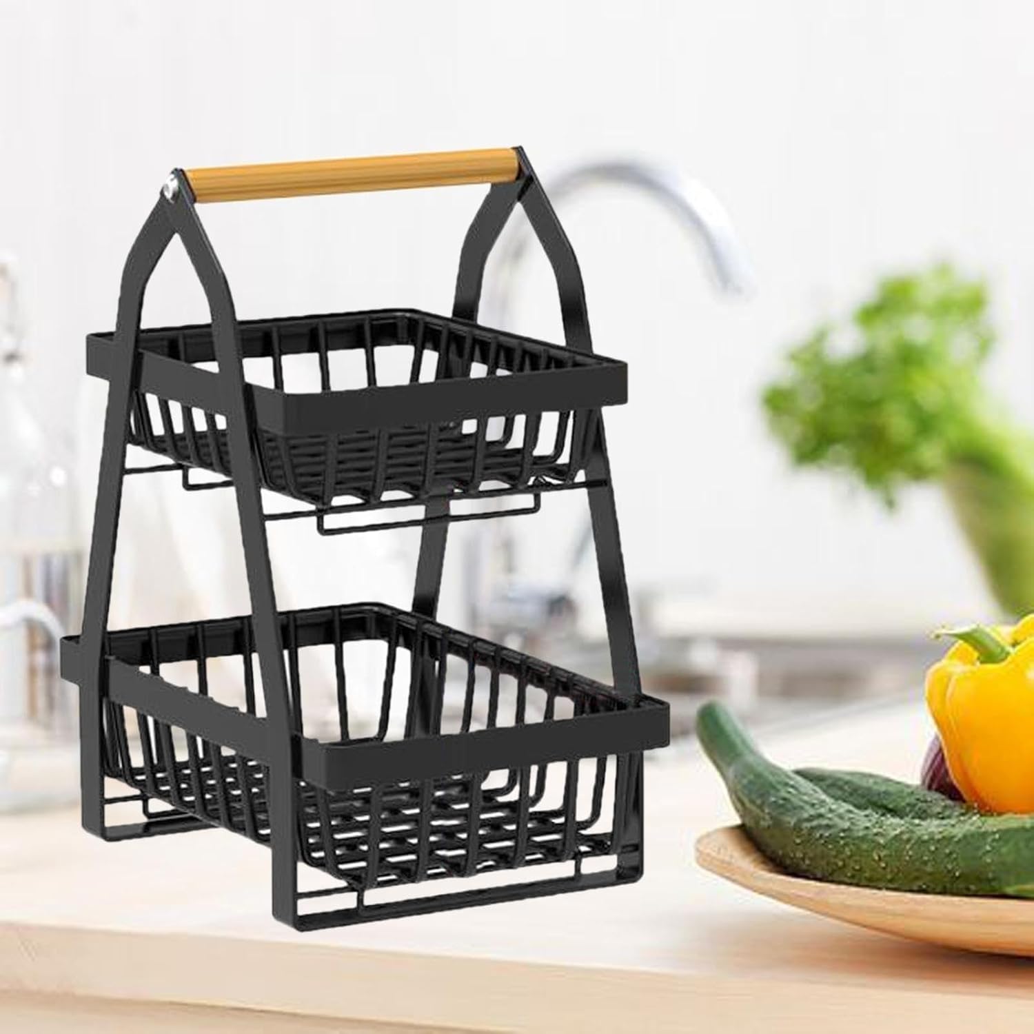 果物ラック フルーツバスケット キッチンカウンター用 - 2段 大型メタルワイヤーバスケット ストレージオーガナイザースタンド 木製