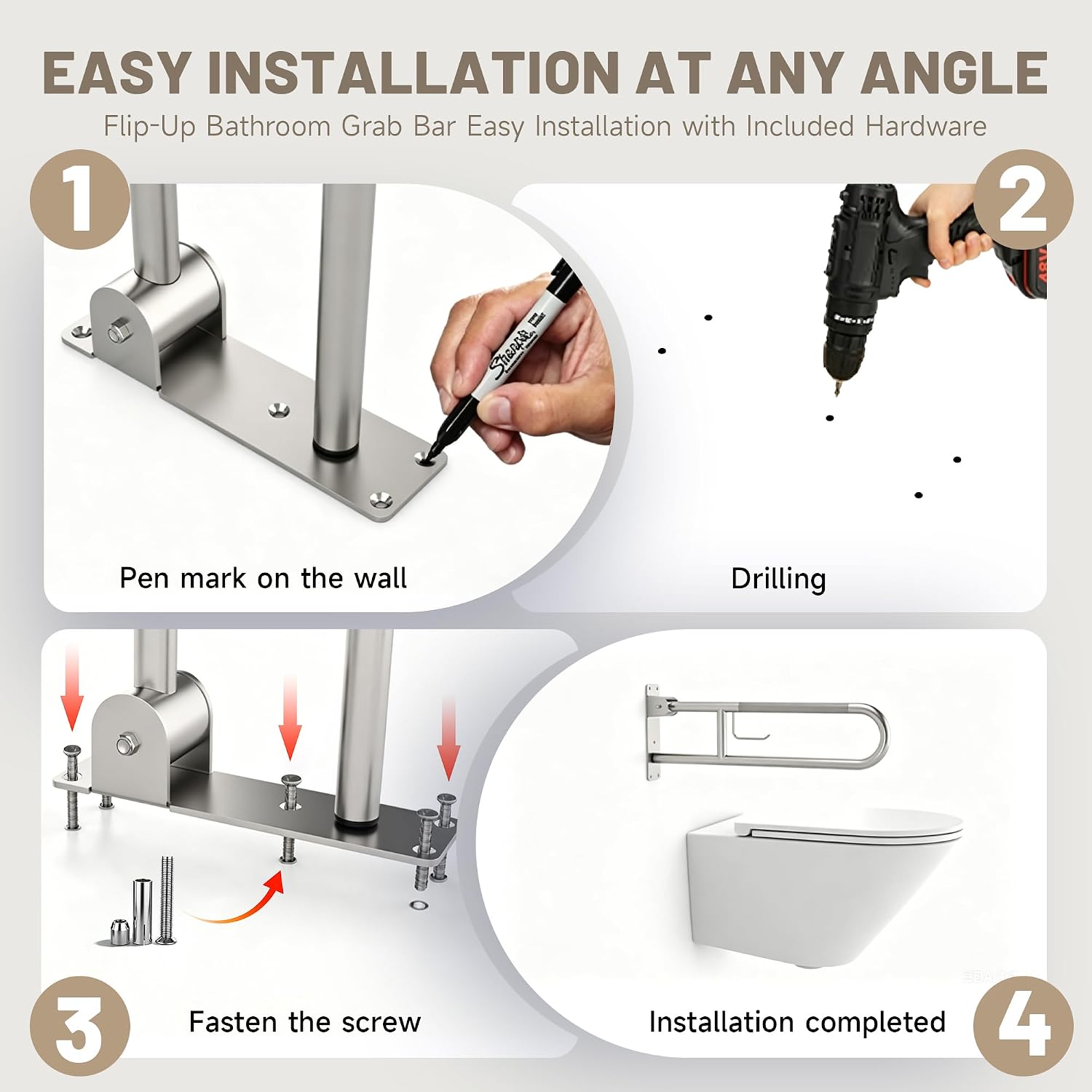 30.3 Inch Toilet Grab Bar, ROYSRHXB Brushed Nickel U Shaped Flip Up Safety Rails with Toilet Paper Holder, Heavy Duty Stainless Steel Grab Bar with Anti Slip Grip for Elderly Seniors