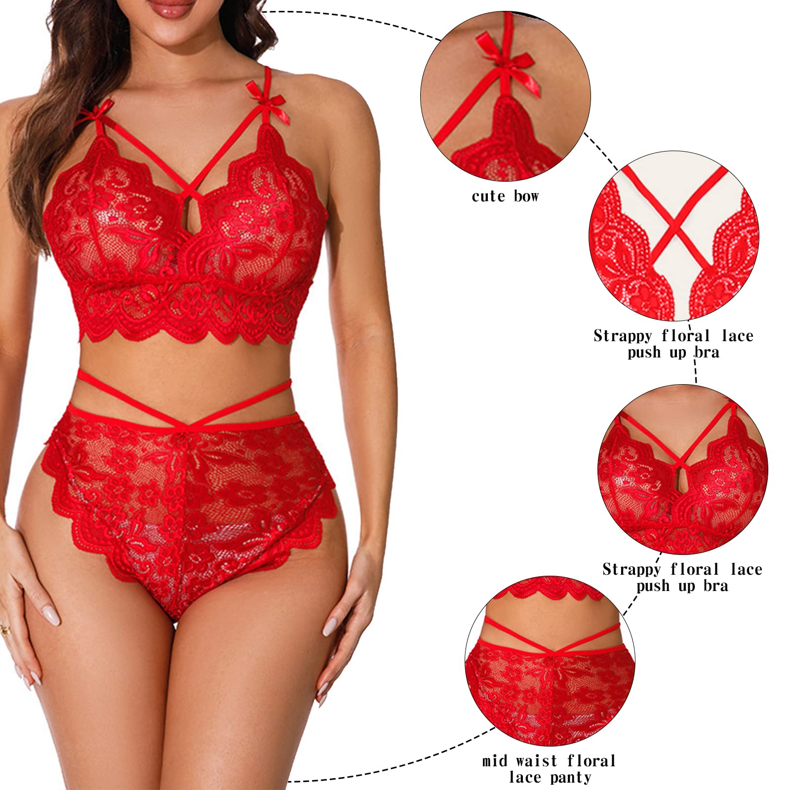 QHQQXN Lencería, Conjunto De Sujetador Y Bragas De Encaje Transparente, Bralette Ropa Interior De Tiras Trajes Body De 2 Piezas Ropa De Dormir Bikini Pijamas De Ganchillo para San Valentín Navidad