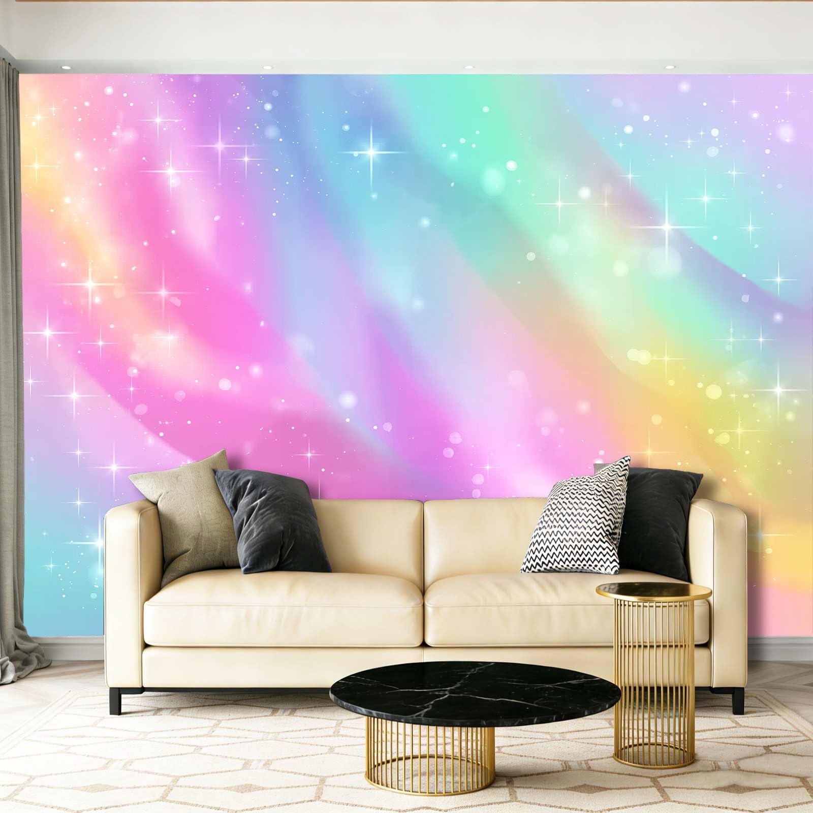 Tapeta panoramiczna 400 x 280 cm, marzycielska tęcza gwiazdy, radosna tapeta z motywem do zabaw i żłobka, kolorowa