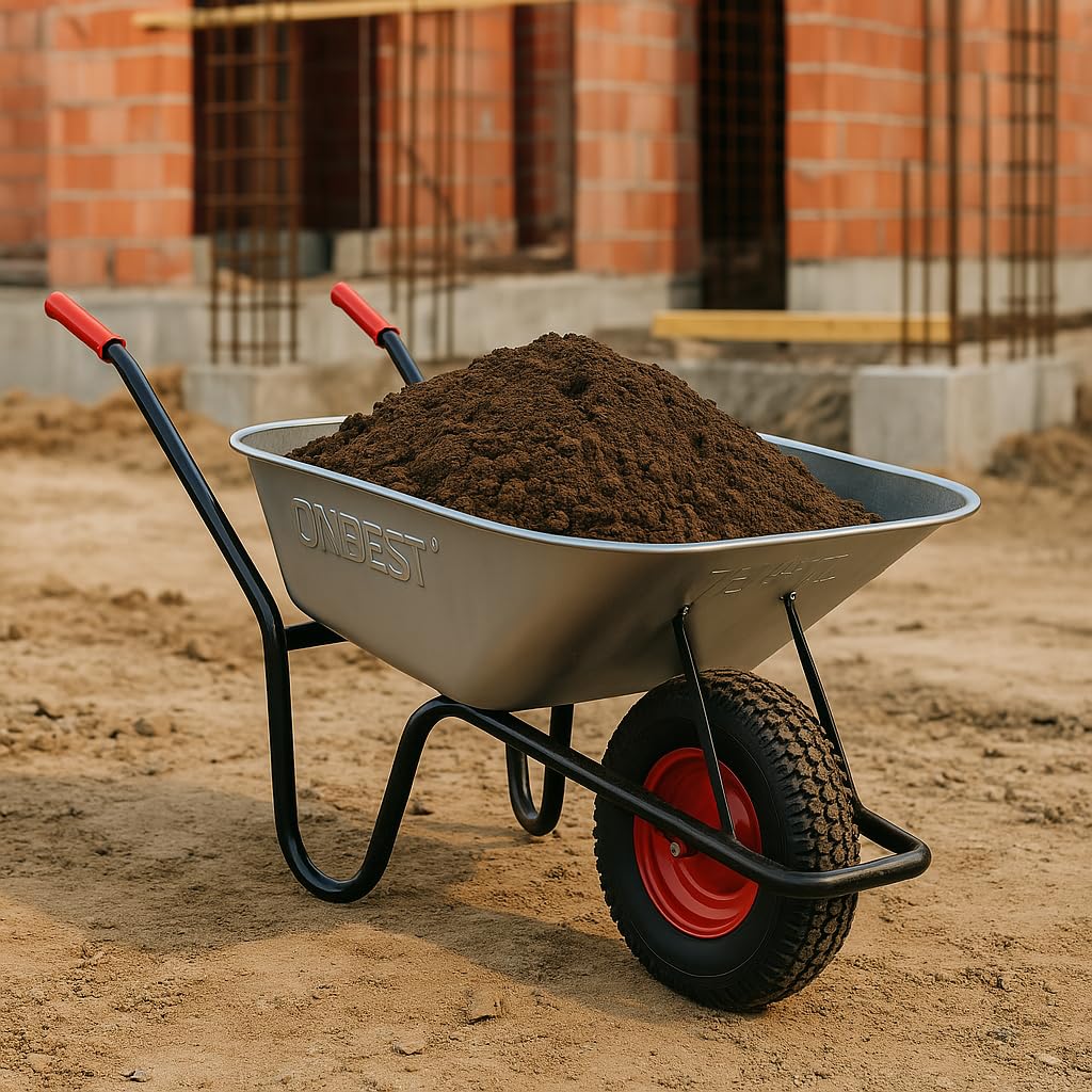 ONBEST Schubkarre mit 100 Liter vollverzinkt Silber – 250 kg Tragkraft – Luftreifen auf Stahlfelge – pulverbeschichteter Stahlrahmen schwarz – Bauschubkarre Gartenkarre – Plus Gartenabfallsack groß