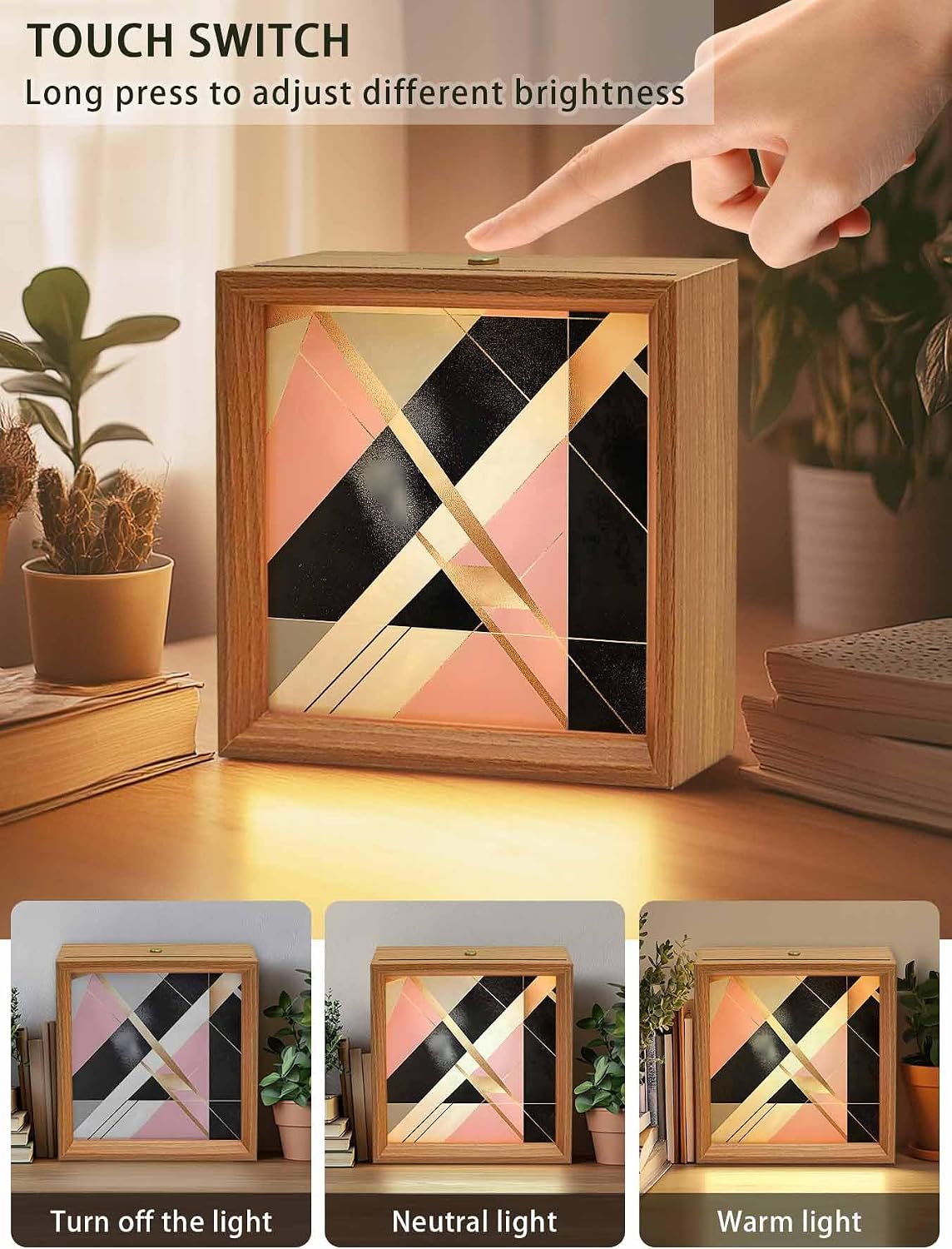 Wood Night Light Box 6.5x6.5in,Abstract Marble Texture Pattern Table Lights Wooden Picture Frame with USB Rechargeable Touch LED Lights for Home Decor Desktop Display,Black White Pink image 4