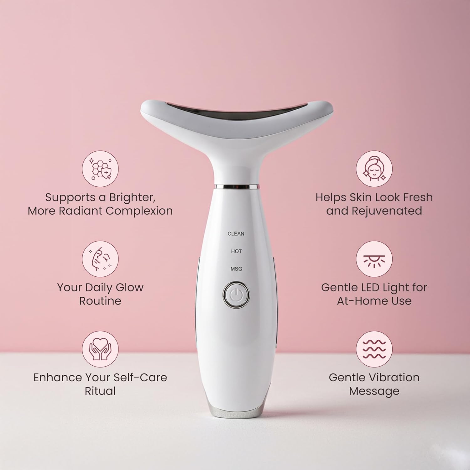 KLY Beauty Face & Neck Massager – 7-Color LED Light Therapy Device with Soothing Heat & Vibration for Relaxation and Skin Rejuvenation – White