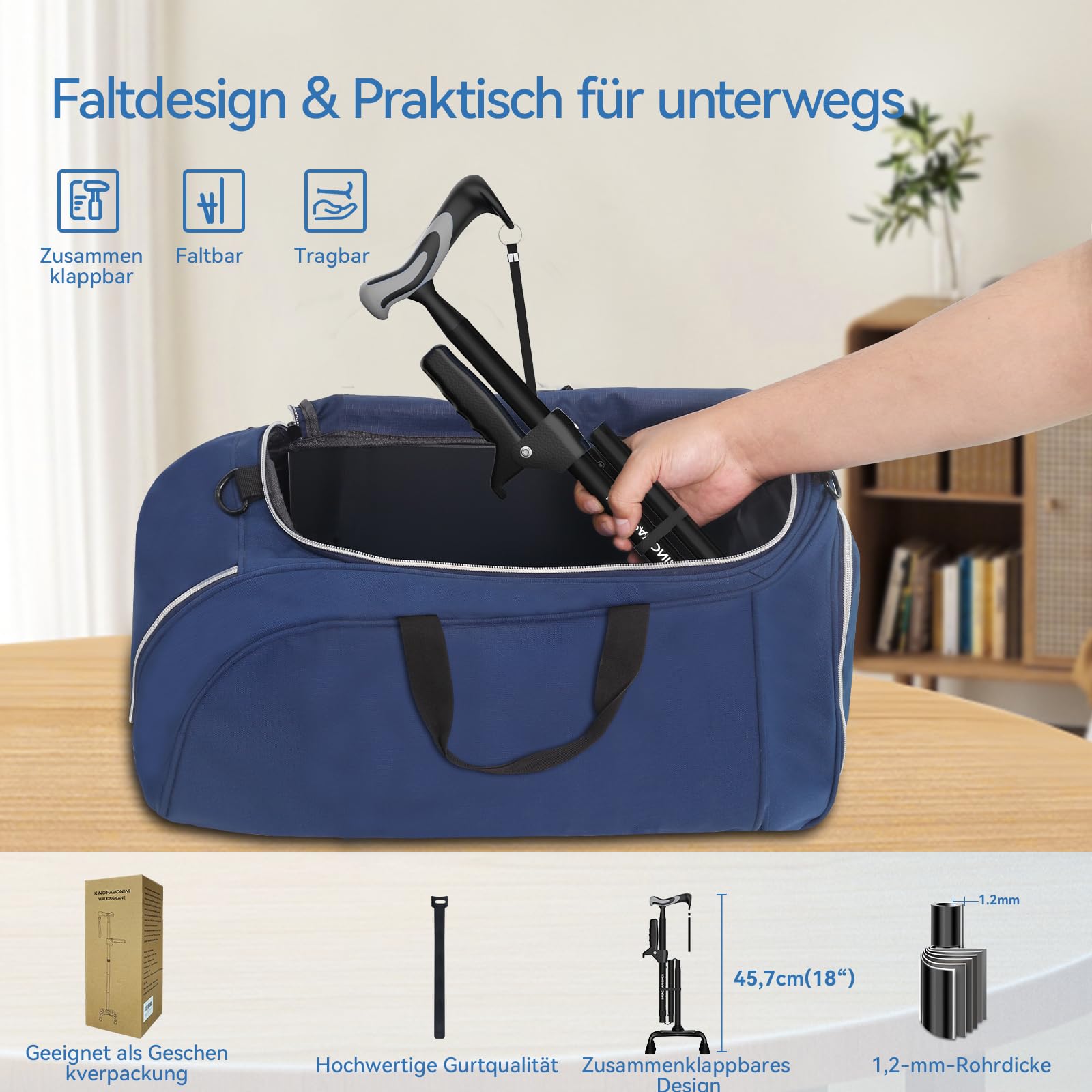 KingPavonini Gehstock für Damen und Herren mit zweitem Griff, faltbar und Verstellbarer Quad-Stock mit 4-Zacken-Basis zum Stehen, Gehstock klappbar für Senioren und Erwachsene