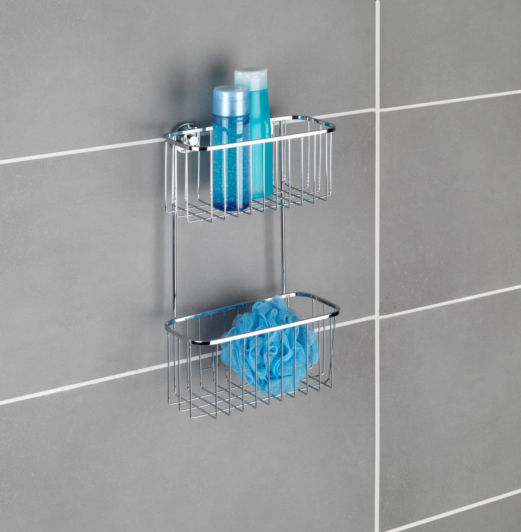 WENKO Power-Loc® portaoggetti da parete a 2 piani in acciaio inox Bovino, Acciaio inossidabile, 22.5 x 35 x 12 cm, Lucido