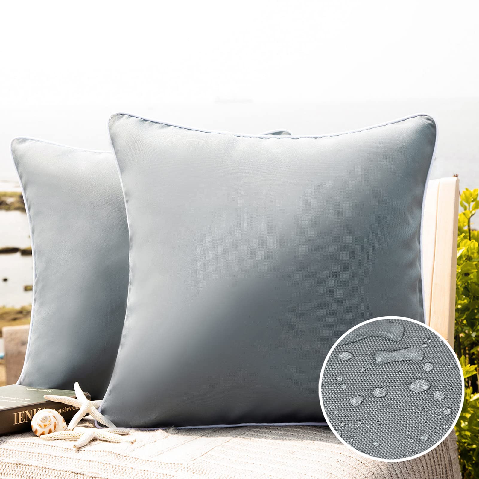 Phantoscope Pack of 2 Outdoor Waterproof Solid Throw Decorative Pillow Cover Decorative Square Outdoor Pillows Cushion Case Patio Pillows for Couch Tent (18''x18'', Grey) — image 1