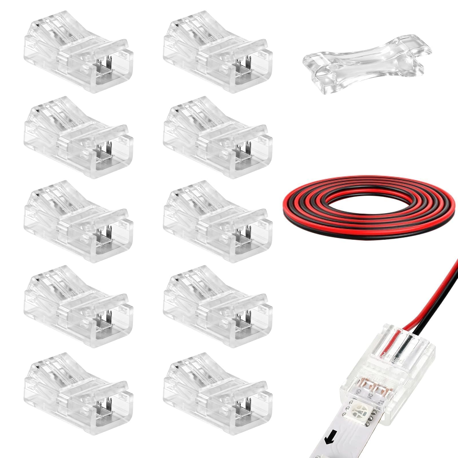 2 Pin 8mm COB LED Light Strip Connectors with 5m Extension Cable, 10 Pack