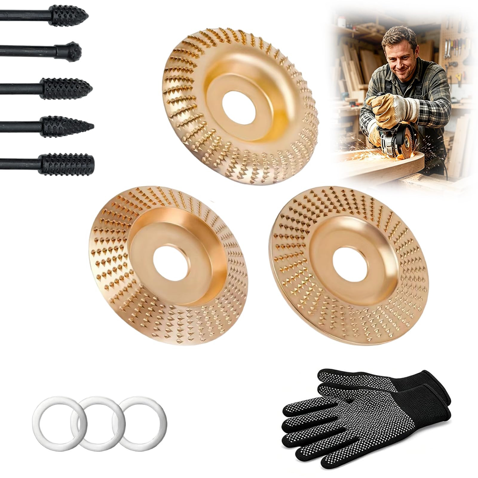 Disco per Lucidatura per Smerigliatrice Angolare, Set di Dischi Robusti per Intaglio del Legno, Mola in Carburo di Tungsteno per Taglio, Modellatura, Levigatura e Lucidatura del Legno (3PCS)